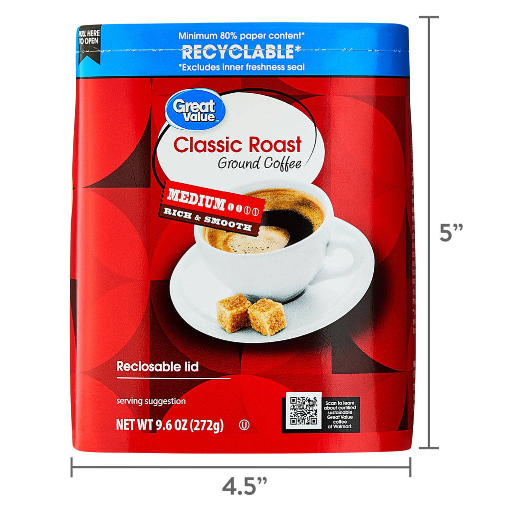 (6 pack) Great Value Classic Roast Medium Ground Coffee, 9.6 oz