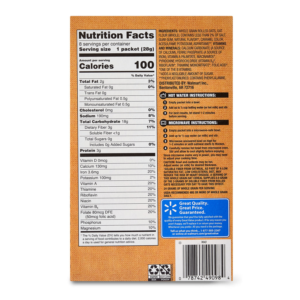 Great Value Sugar-Free Maple & Brown Sugar Instant Oatmeal, 0.99 oz, 8 Packets