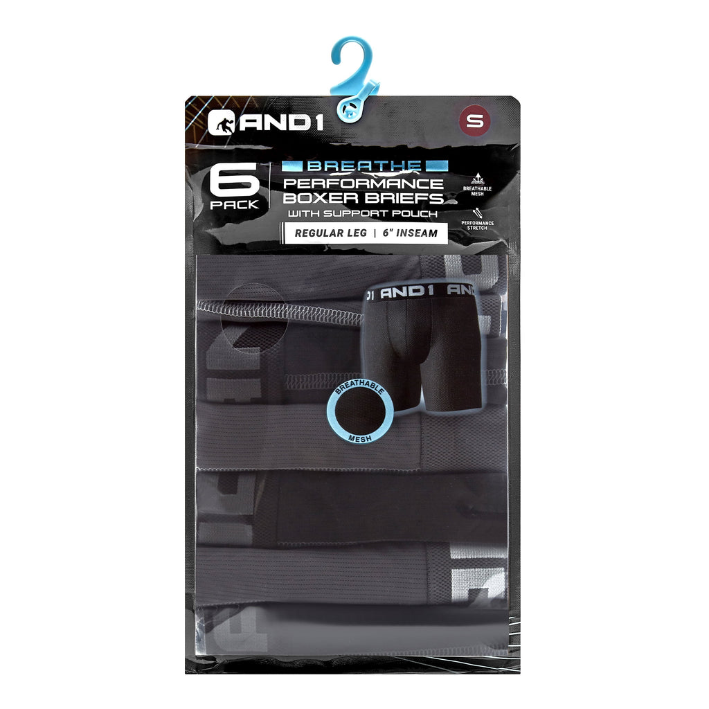 AND1 Men’s Underwear Breathe Performance Regular Leg Boxer Briefs, 6 Pack