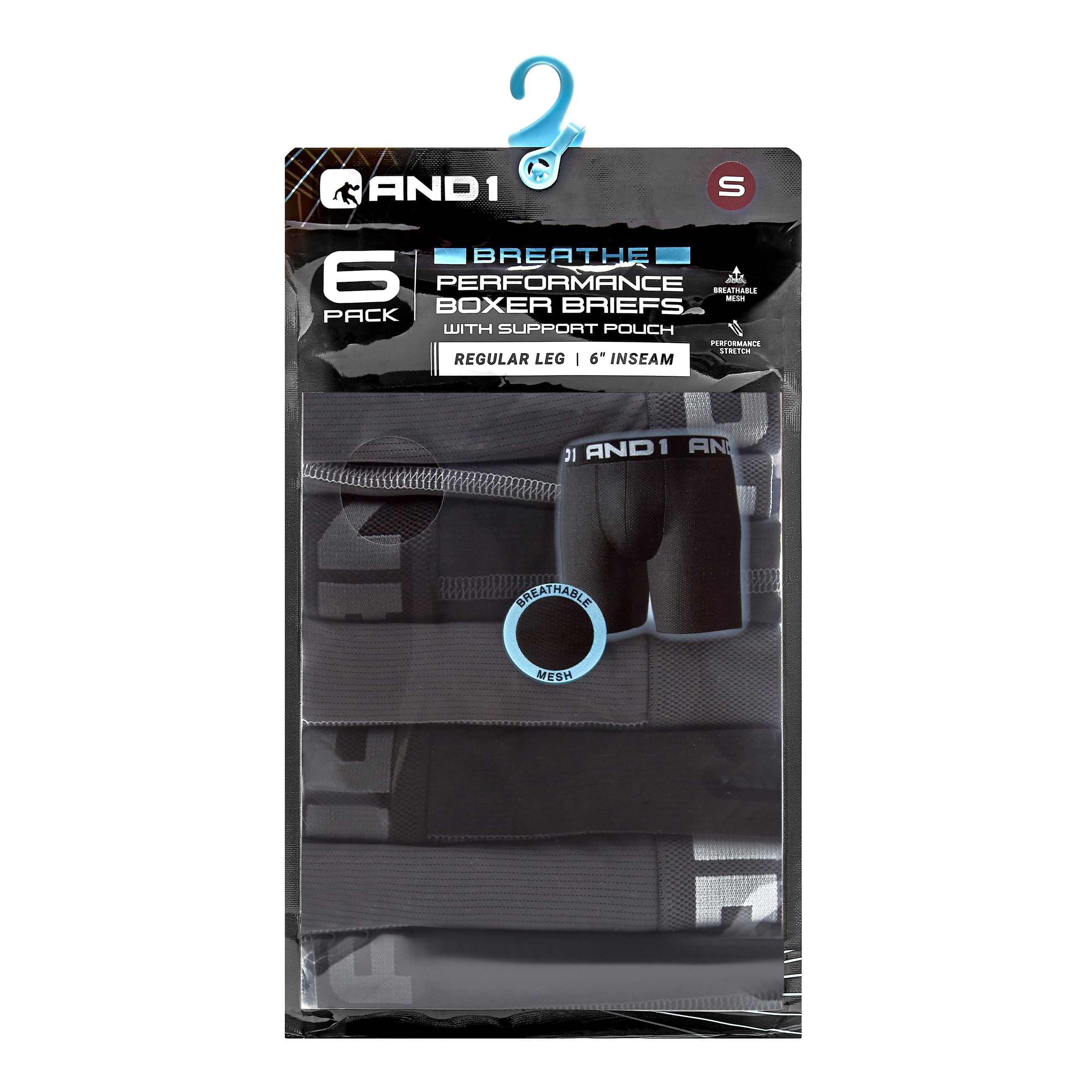 AND1 Men’s Underwear Breathe Performance Regular Leg Boxer Briefs, 6 Pack