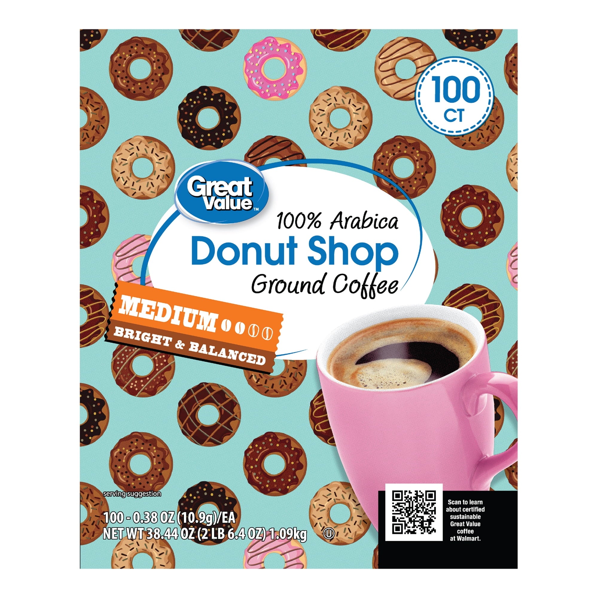 Great Value 100% Arabica Colombian Medium Dark Roast Ground Coffee Pods, 33.1 oz, 100 Count