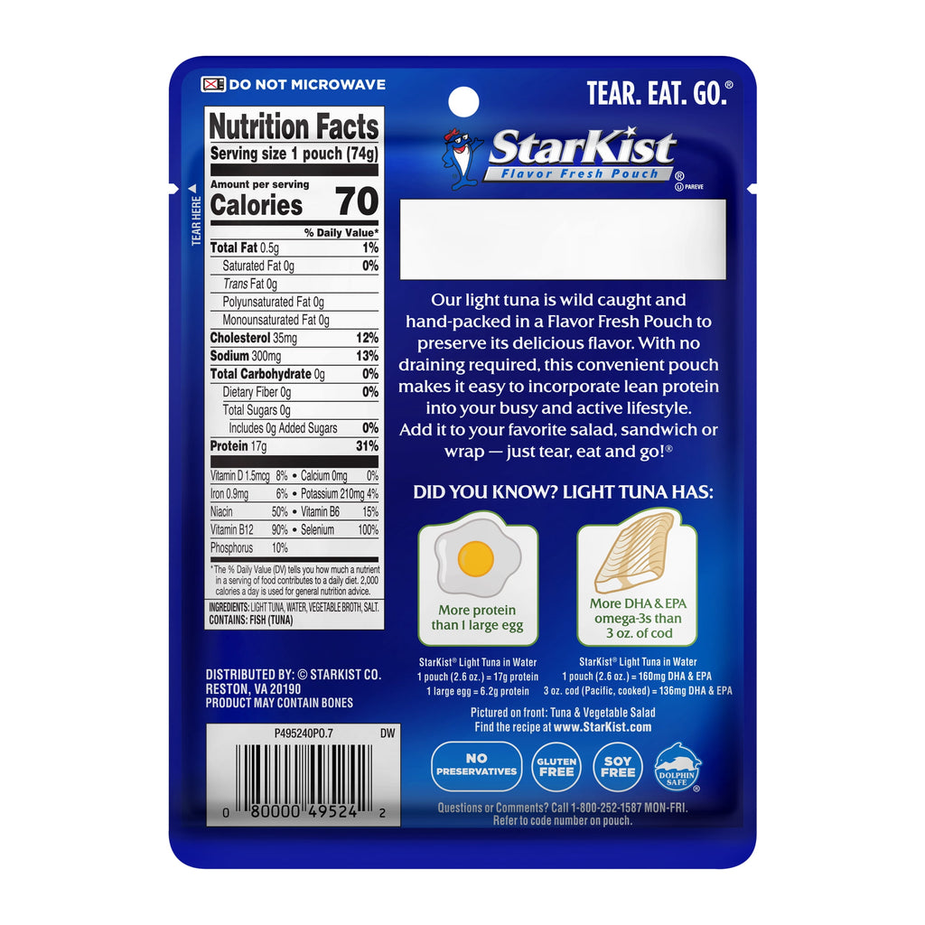 StarKist Light Tuna in Water, Wild Caught, 17g Protein, 2.6 oz Pouch