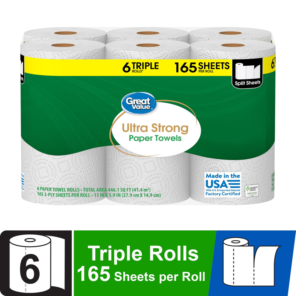 Great Value Ultra Strong Paper Towels, 6 Triple Rolls