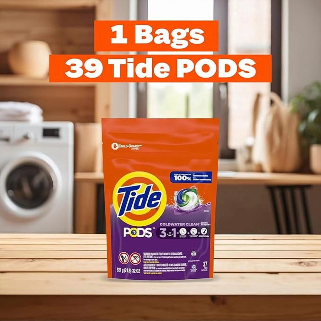 TIDE PODS Laundry Detergent Soap Pacs, Spring Meadow Scent, Powerful 3-in-1 Clean, HE Compatible, 39 Count (1 Bag)