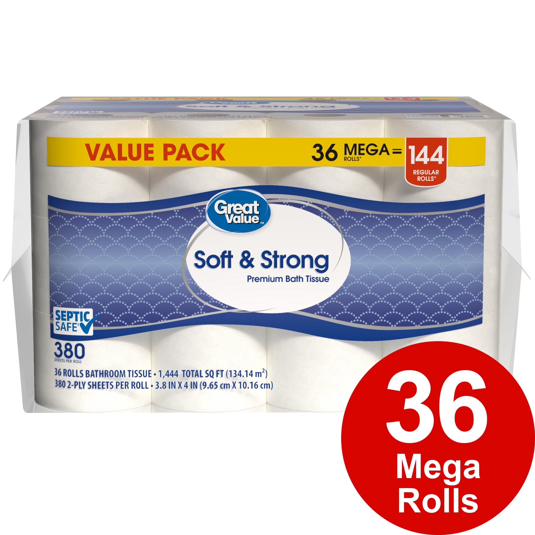 Great Value Soft & Strong Toilet Paper, 12 Mega Rolls, 380 Sheets per Roll