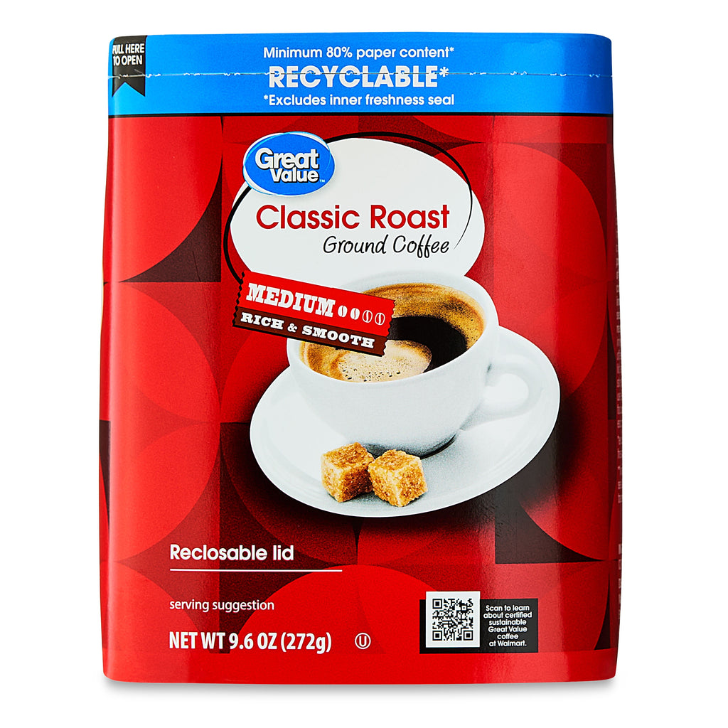 (6 pack) Great Value Classic Roast Medium Ground Coffee, 9.6 oz