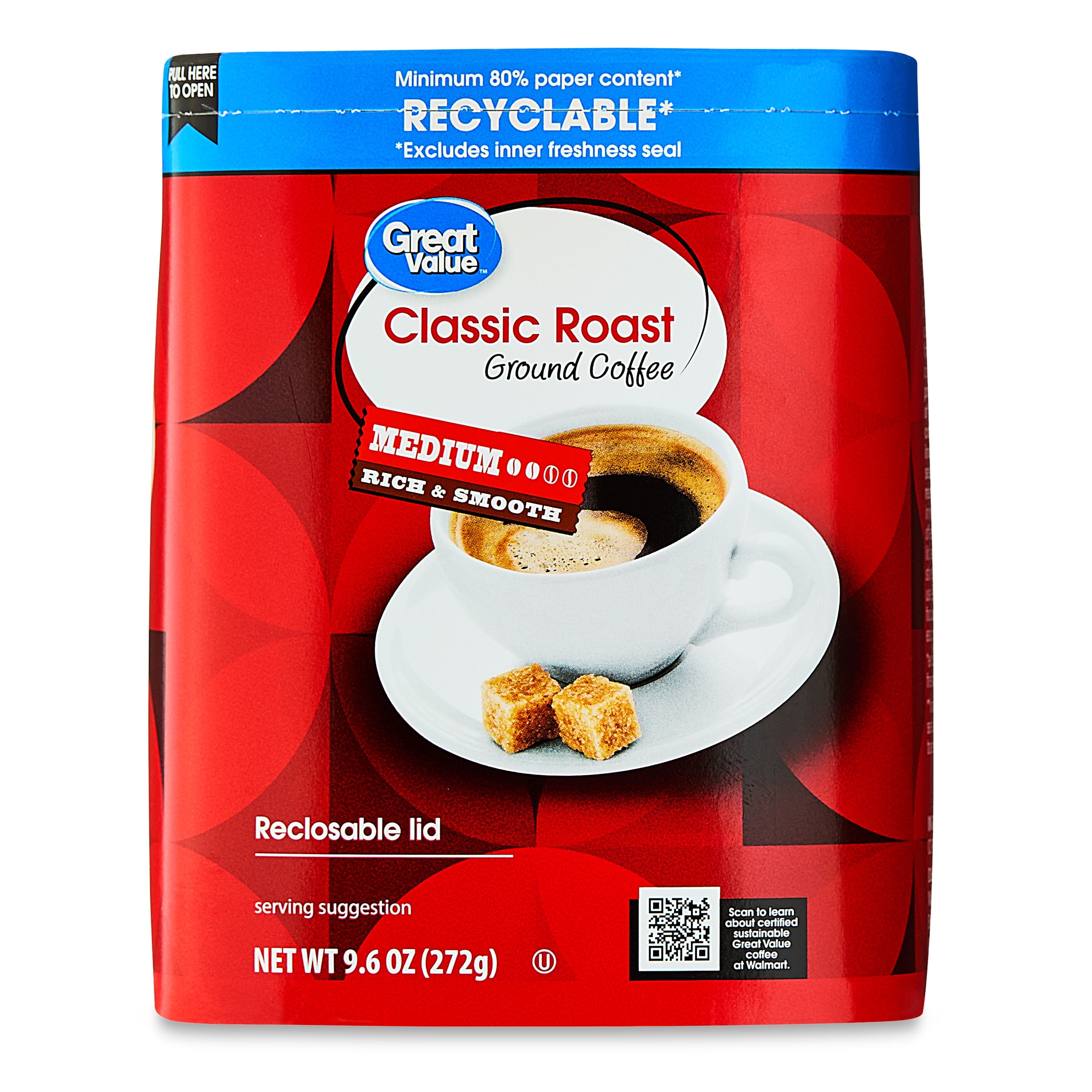 (6 pack) Great Value Classic Roast Medium Ground Coffee, 9.6 oz