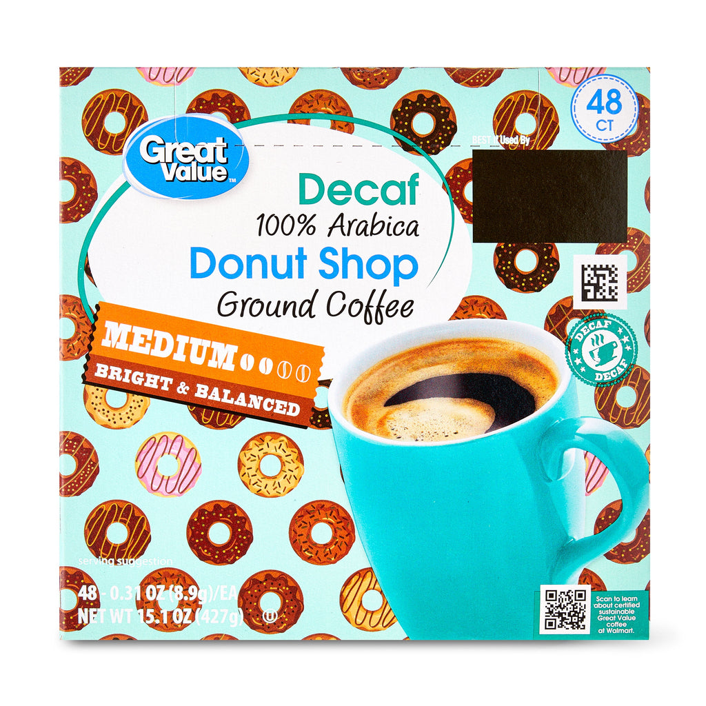 Great Value Donut Shop Decaf Ground Coffee Pods, 12 Count