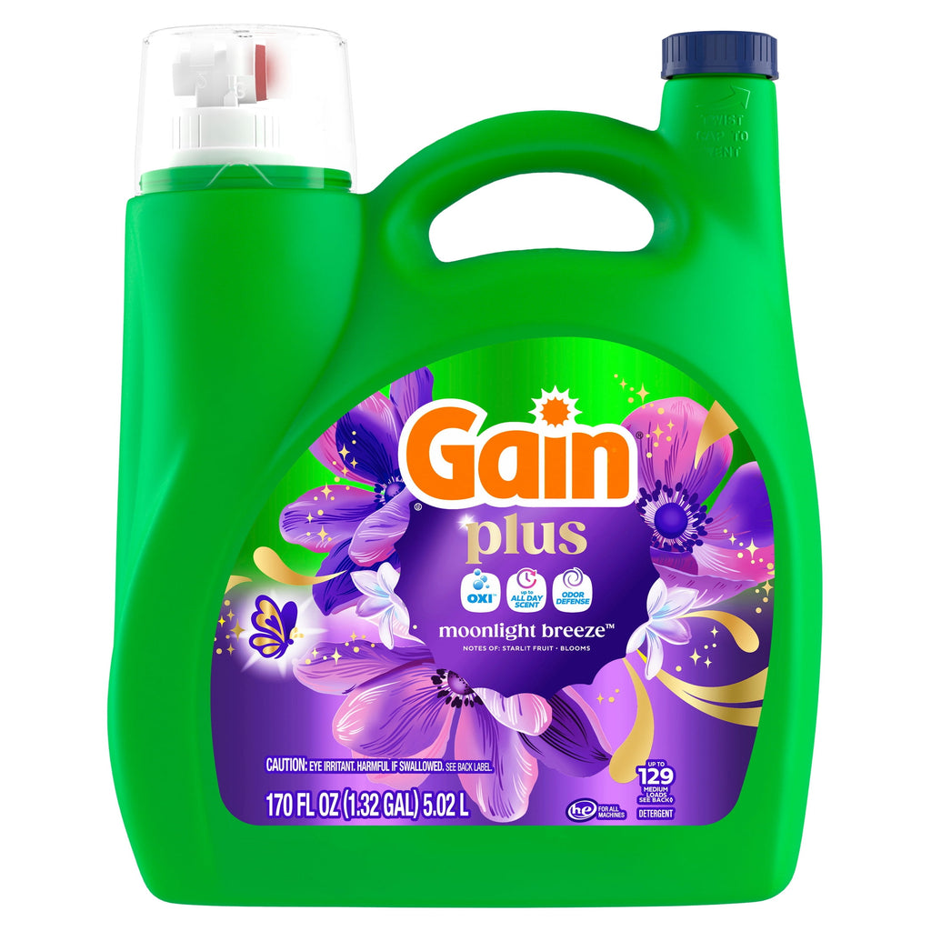 Gain Plus Laundry Detergent Liquid, Now with Odor Defense + OXI, Moonlight Breeze Scent, 170 fl oz, 129 Loads