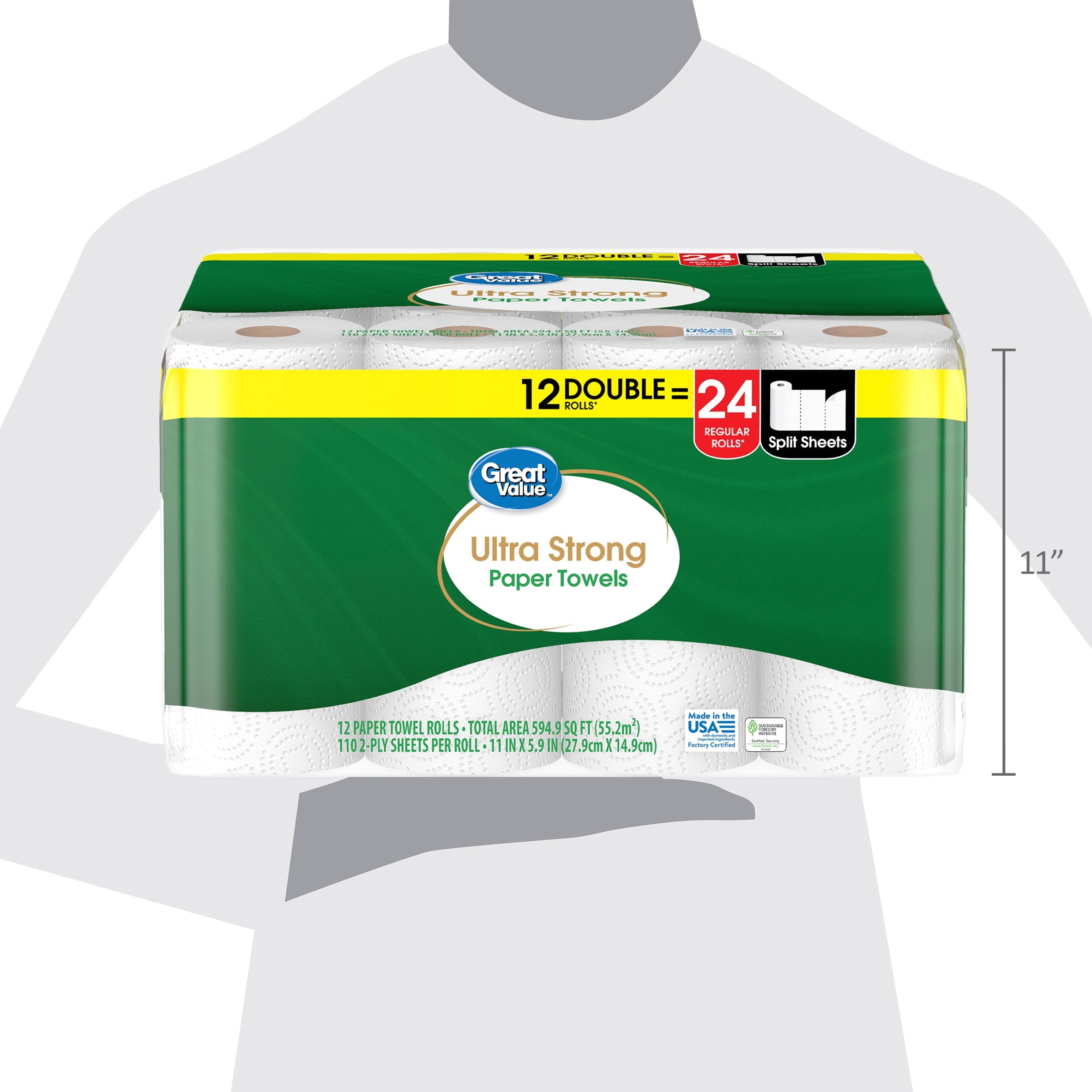 Great Value Ultra Strong Paper Towels, White, 12 Double Rolls, 1320 Sheets
