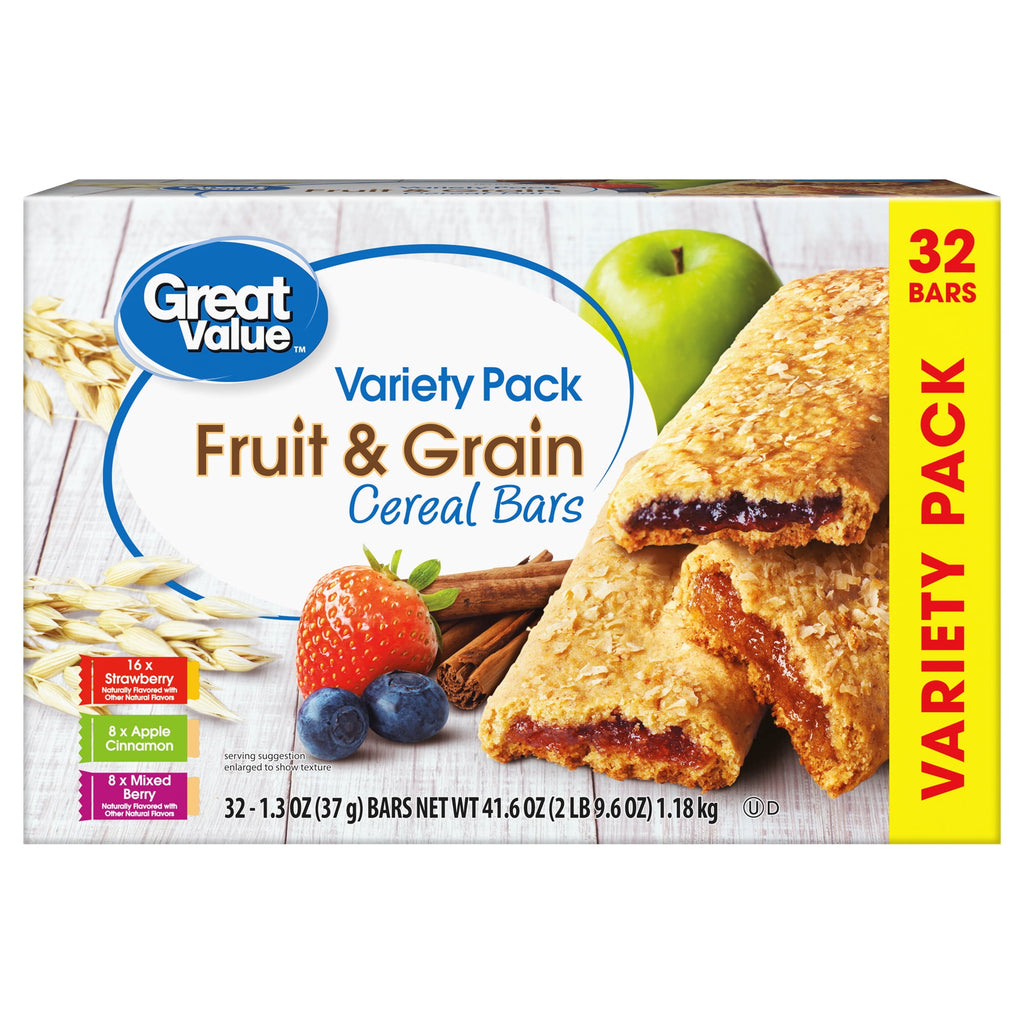 Great Value Fruit & Grain Cereal Bars, Variety Pack, 1.3 oz, 32 Count