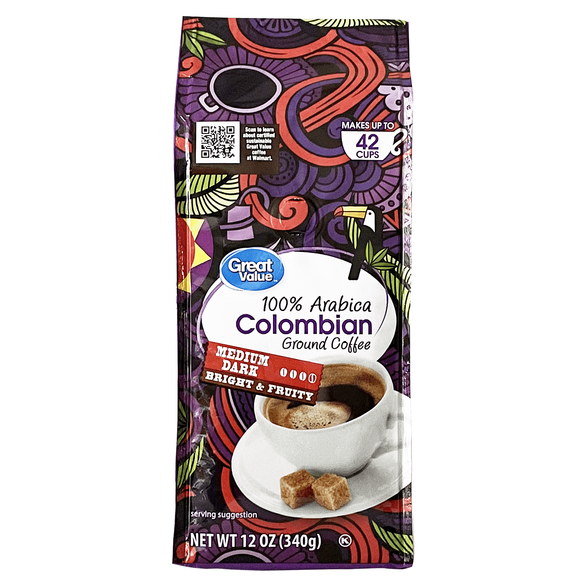 (6 pack) Great Value 100% Arabica Colombian Medium-Dark Roast Ground Coffee, 12 oz, Bag