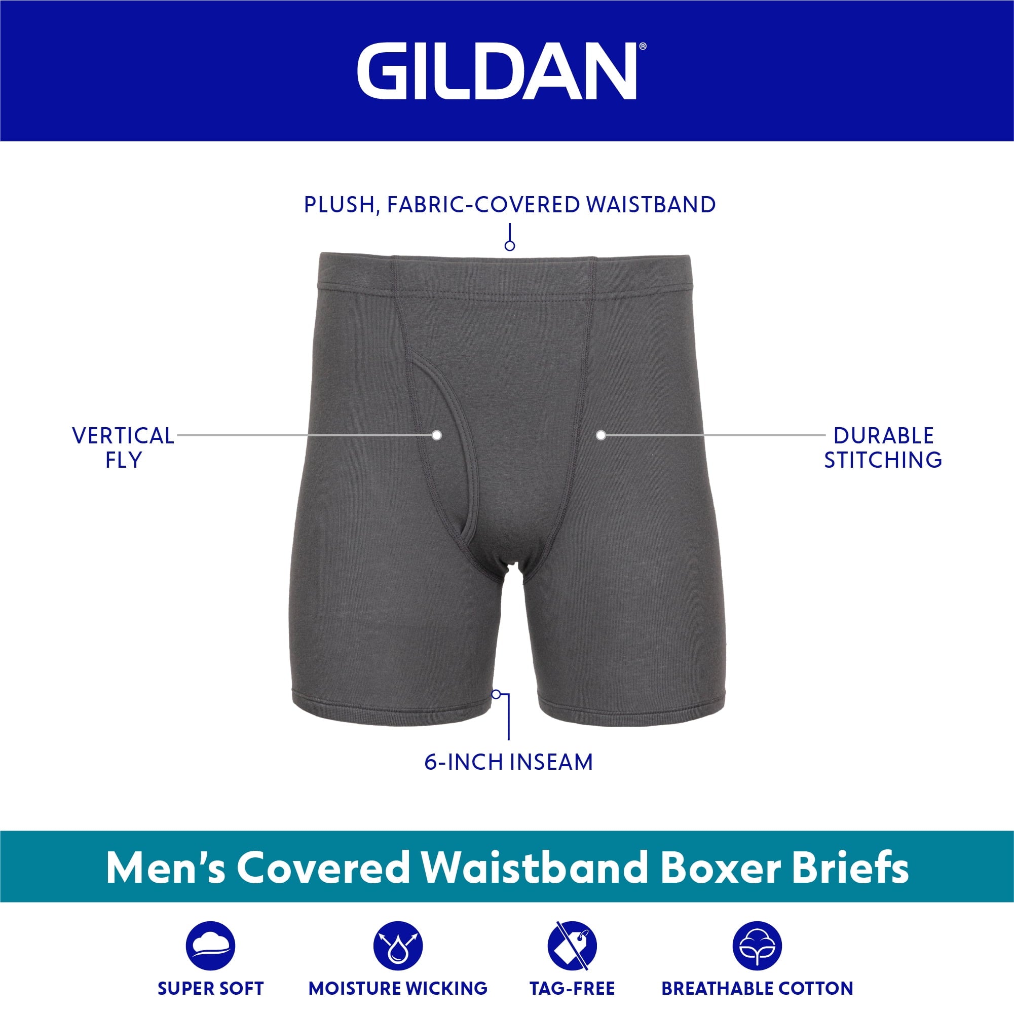 Gildan Adult Men's Boxer Briefs With Covered Waistband, 5-Pack, Sizes S-2XL, 6" Inseam