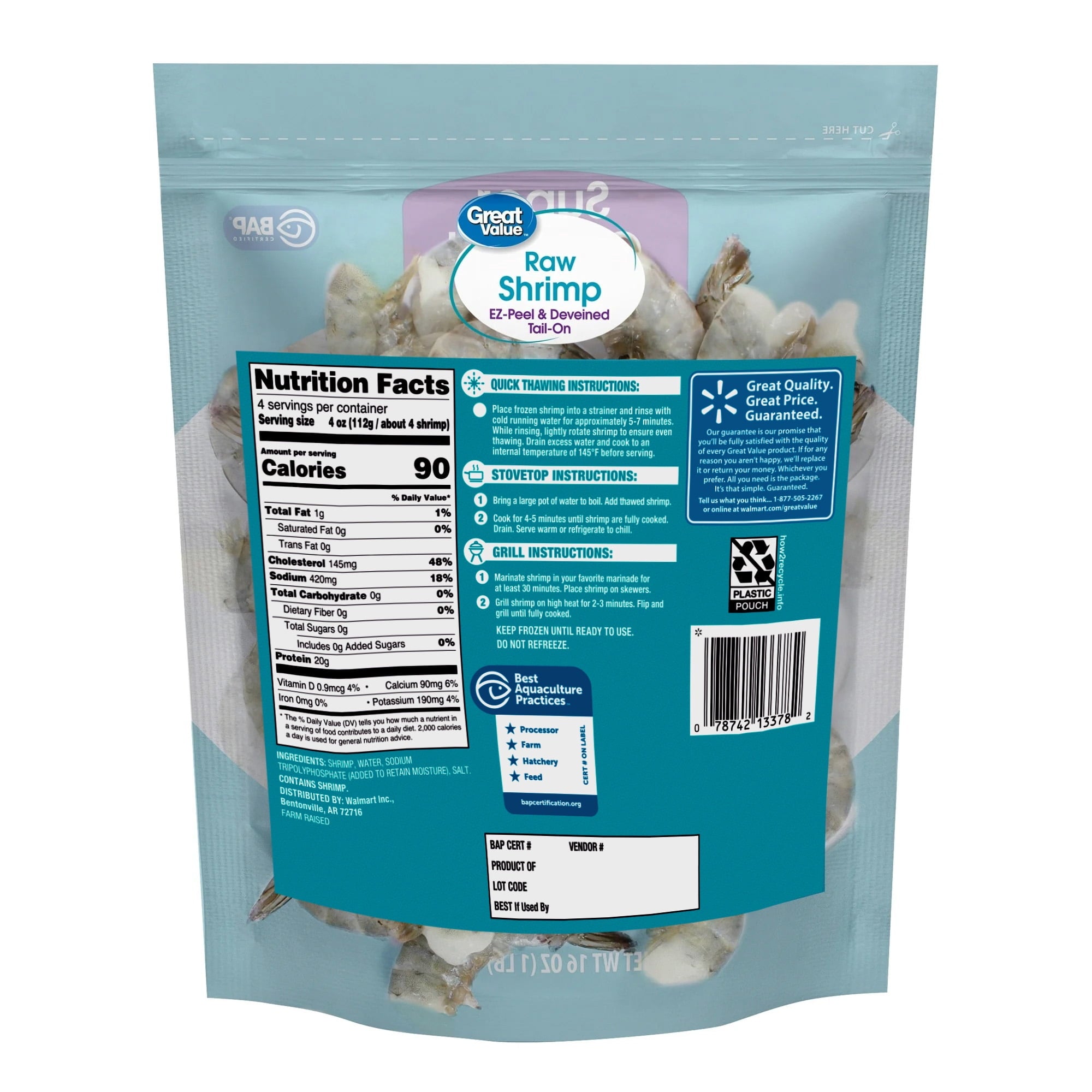 Great Value Frozen Raw Super Colossal Shell-on Tail-on Easy Peel Shrimp, 16 oz Bag (13-15 Count per lb)