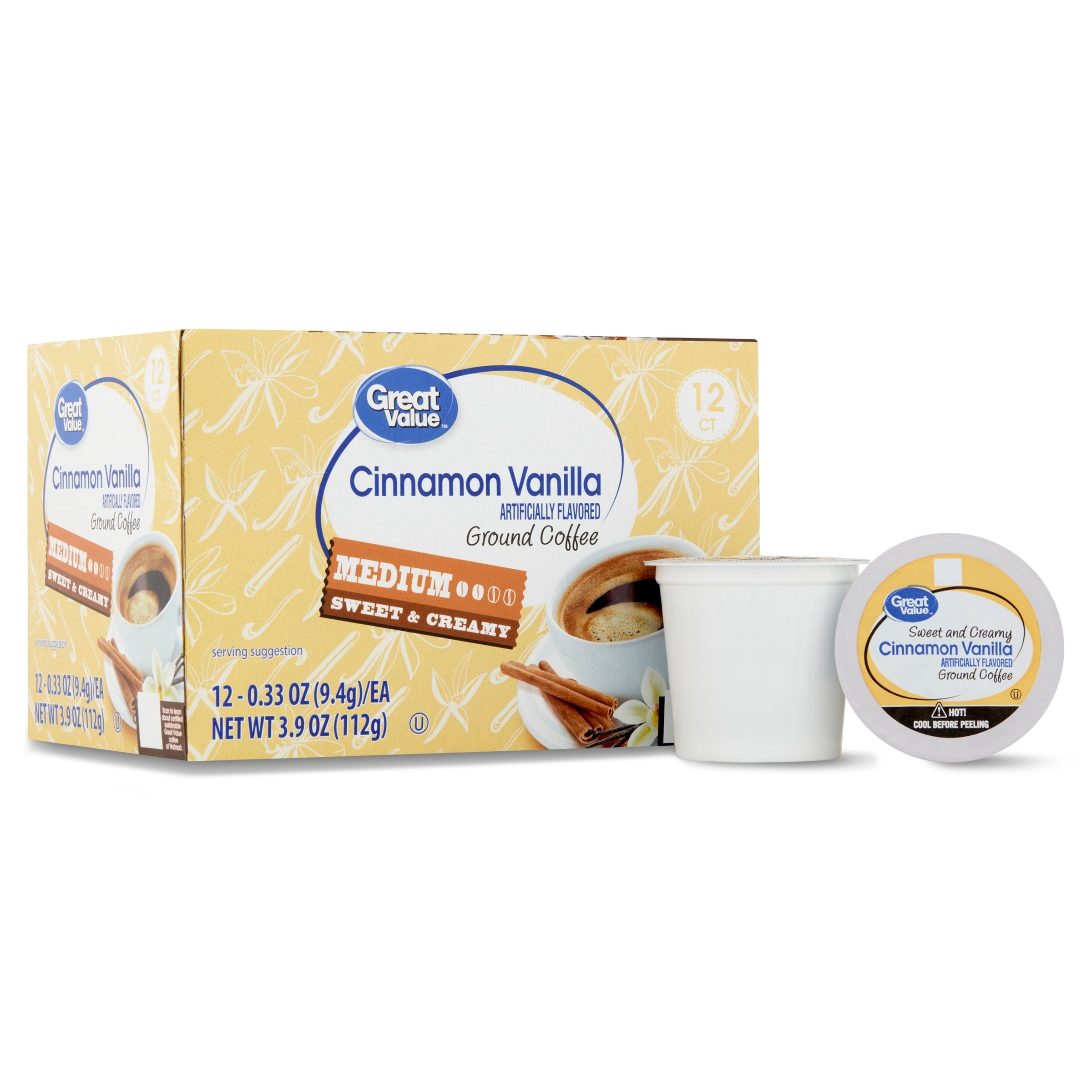 (6 pack) Great Value Medium Roast Cinnamon Vanilla Ground Coffee Pods, 12 Count
