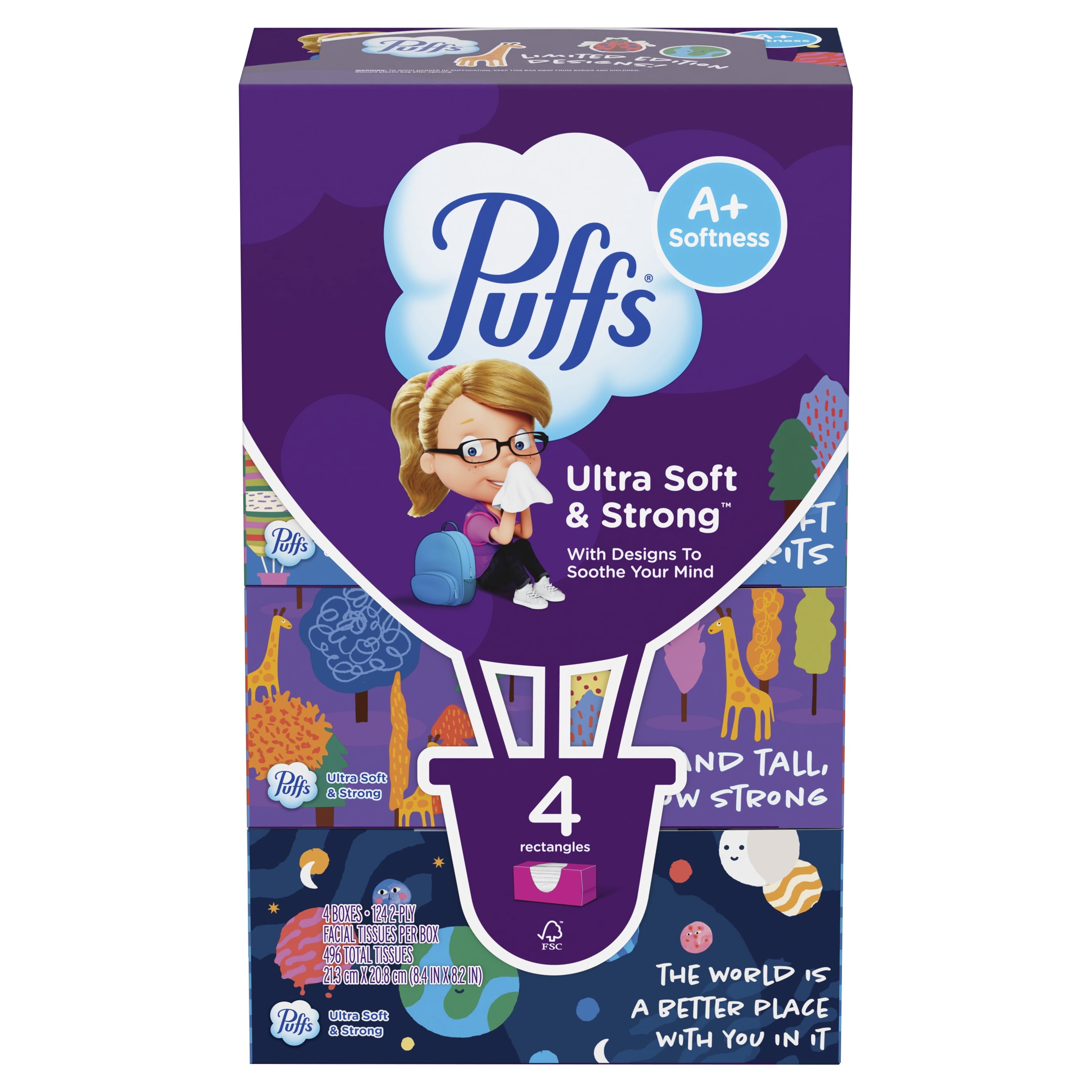 Puffs Ultra Soft Facial Tissues, Back-to-School Exclusive, 4 Rectangle Boxes, 124 Facial Tissues Per Box