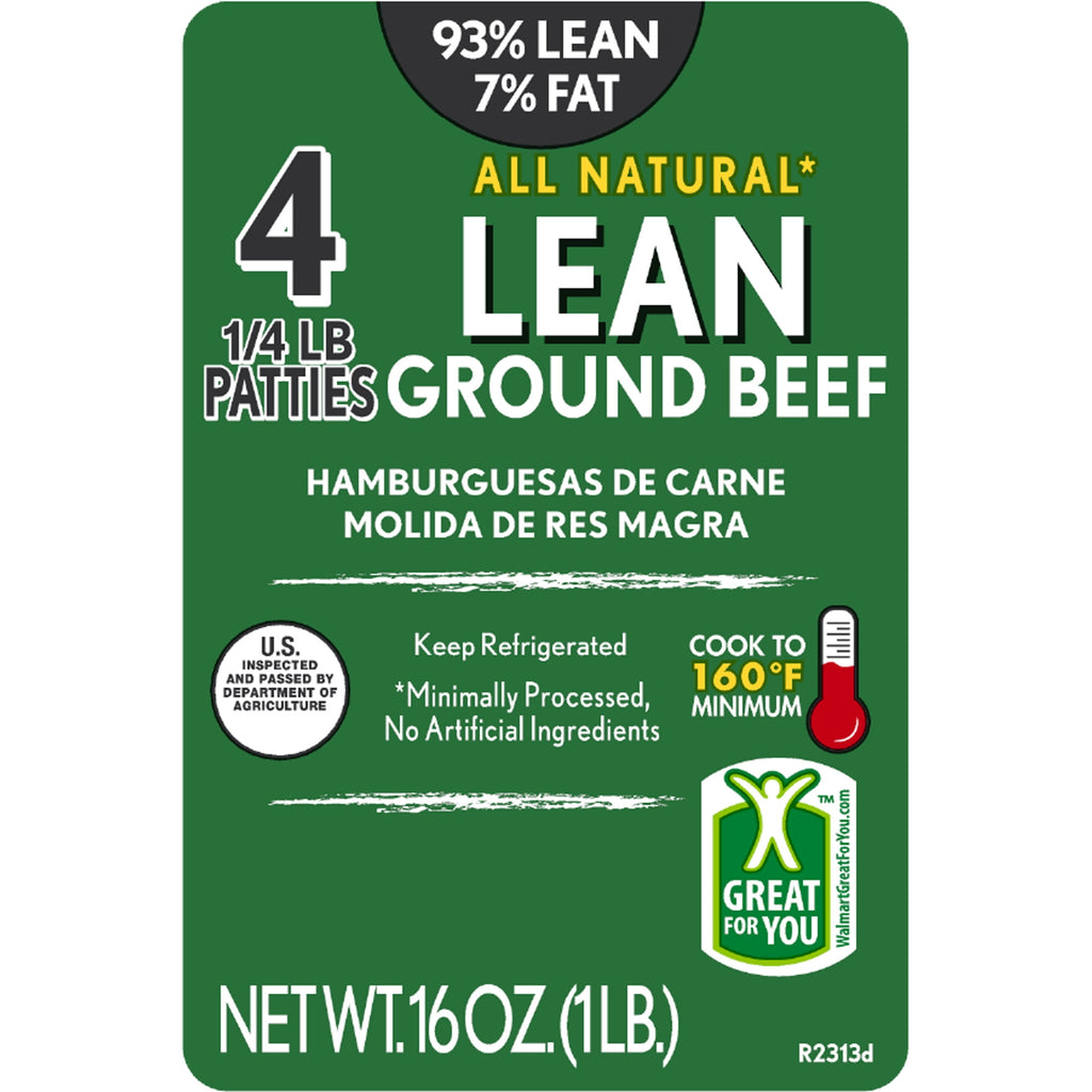 93% Lean / 7% Fat Lean Ground Beef Patties, 4 Count, 1 lb Tray, Fresh, All Natural*
