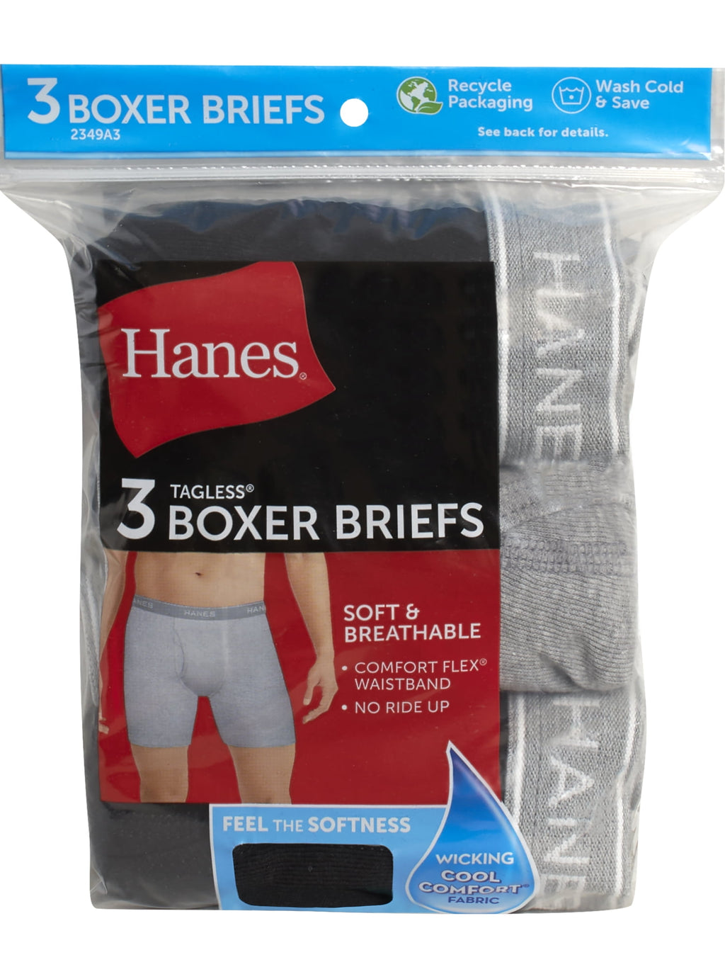 Hanes Men's Black/Grey Boxer Briefs, 3 Pack