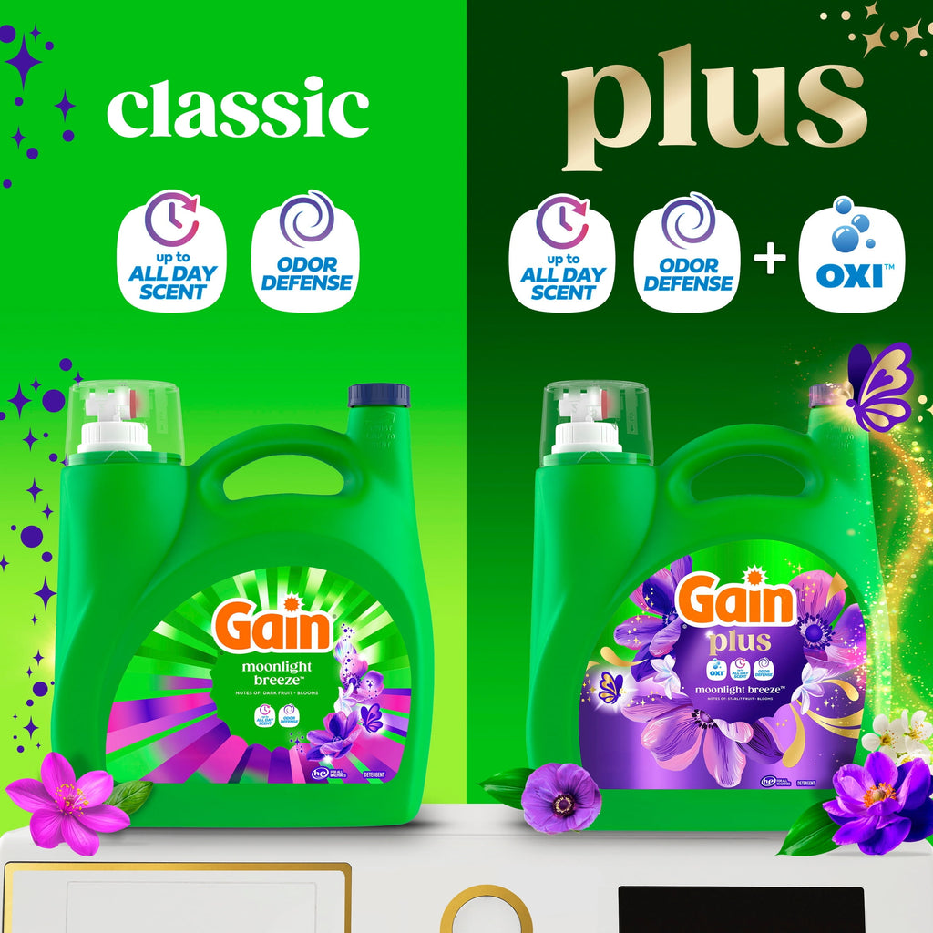 Gain Plus Laundry Detergent Liquid, Now with Odor Defense + OXI, Moonlight Breeze Scent, 170 fl oz, 129 Loads