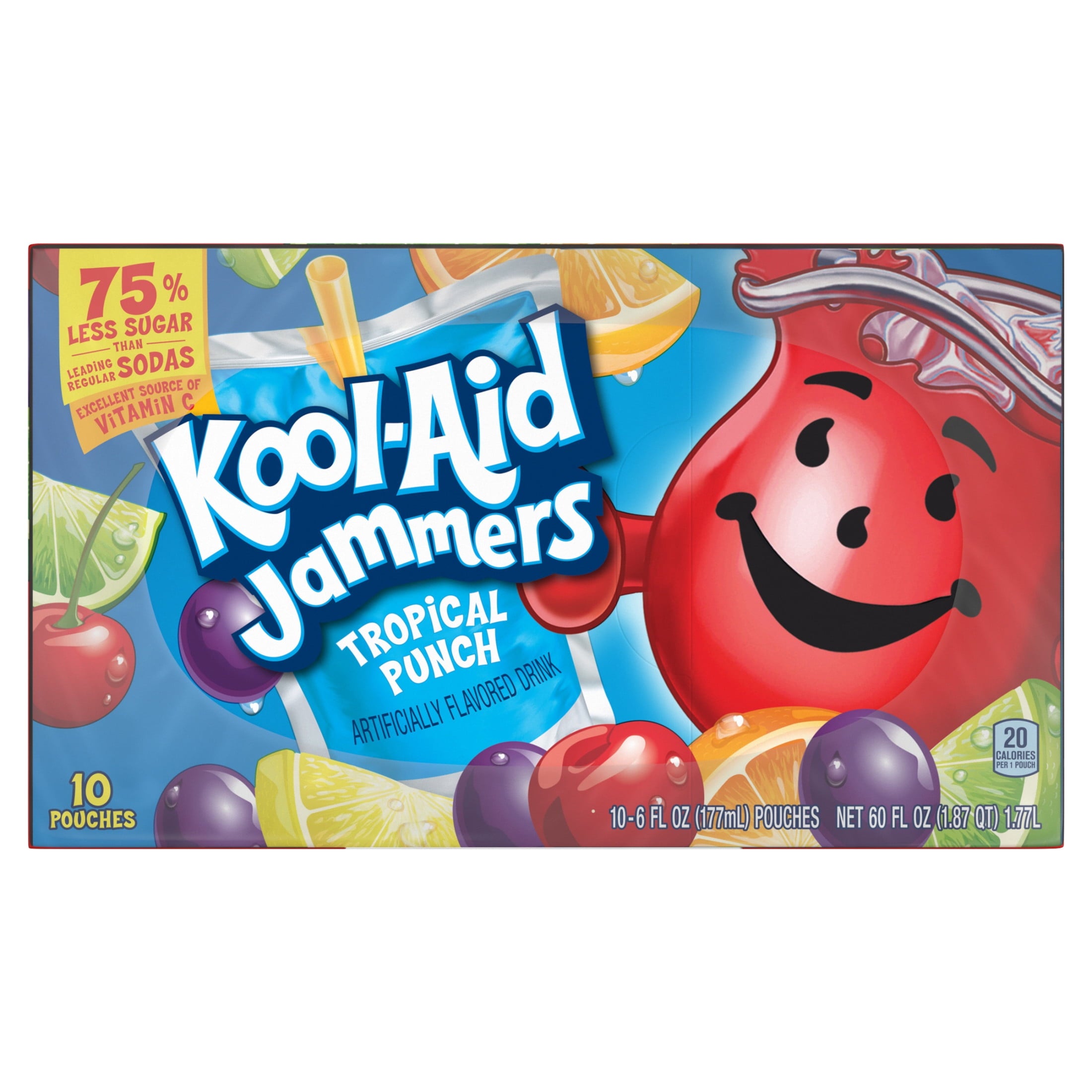 Kool-Aid Jammers Drink, 30 Pouches, for School Lunches and On-the-Go Hydration, Artificially Flavored Tropical Punch, Grape and Cherry Flavors, 6 fl oz