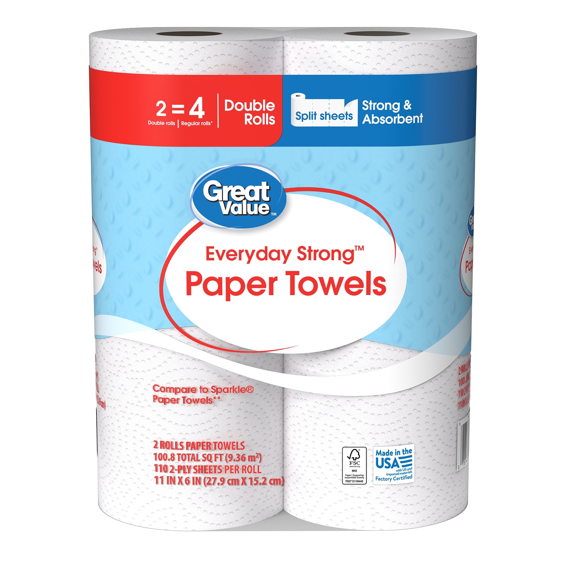 Great Value Everyday Strong Paper Towels, 2 Double Rolls