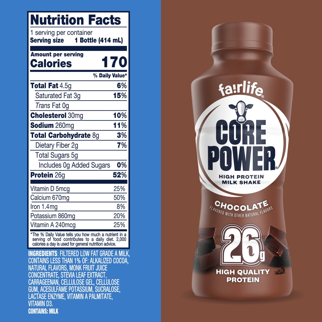 Core Power Protein Shake, Chocolate, 26g Bottle, 14oz, 12 Pack