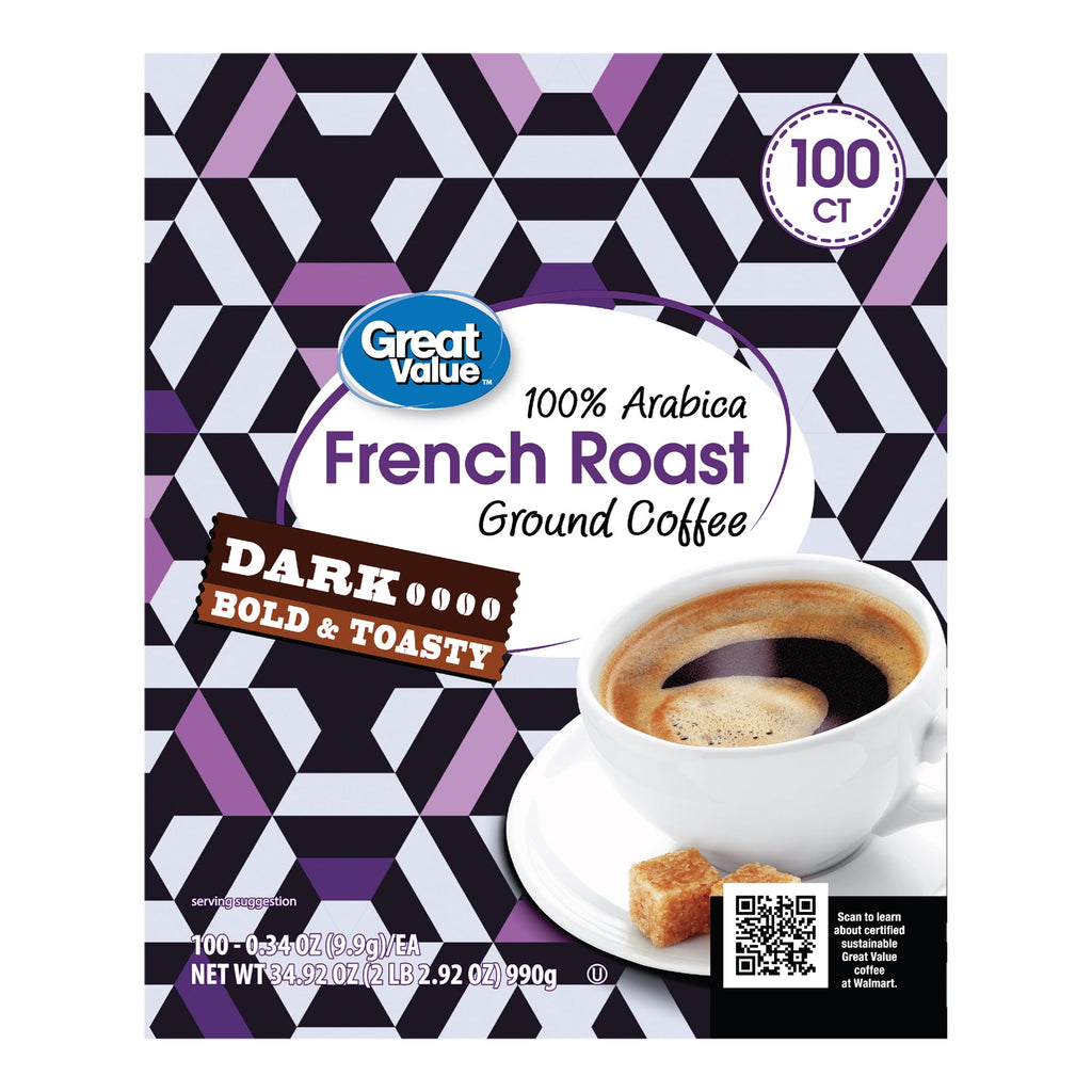 Great Value 100% Arabica Colombian Medium Dark Roast Ground Coffee Pods, 33.1 oz, 100 Count