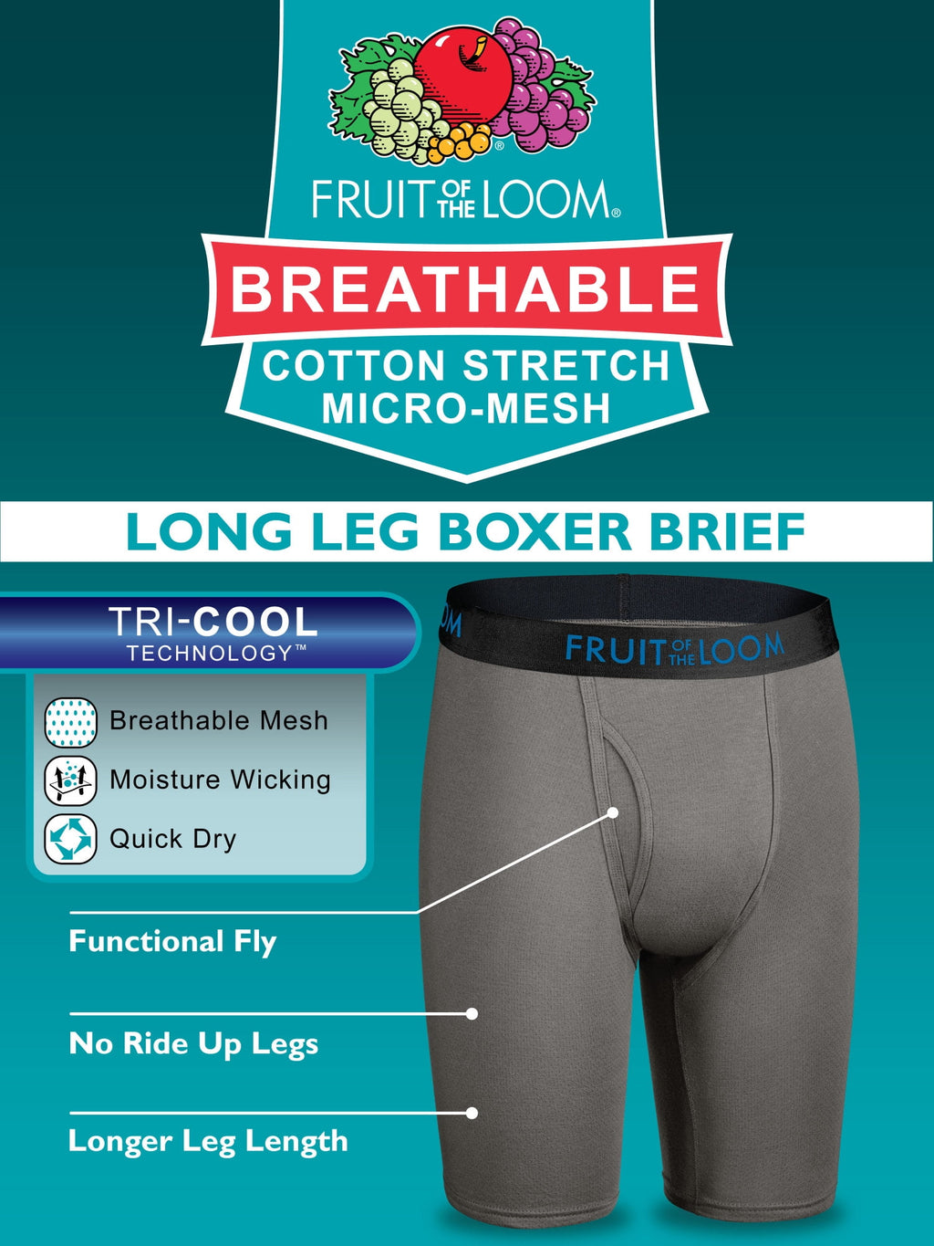 Fruit of the Loom Men's Breathable Cotton Micro-Mesh Boxer Briefs, 3-Pack