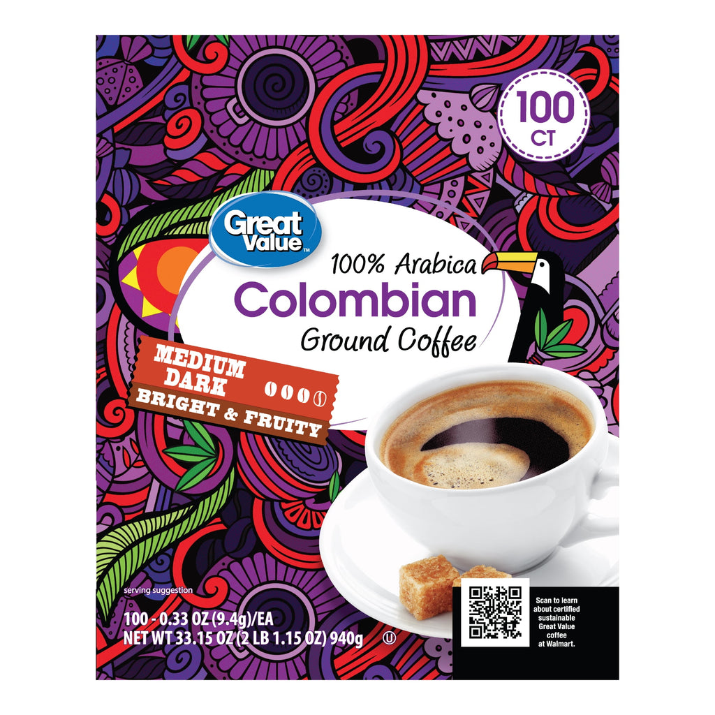 Great Value 100% Arabica Colombian Medium Dark Roast Ground Coffee Pods, 33.1 oz, 100 Count