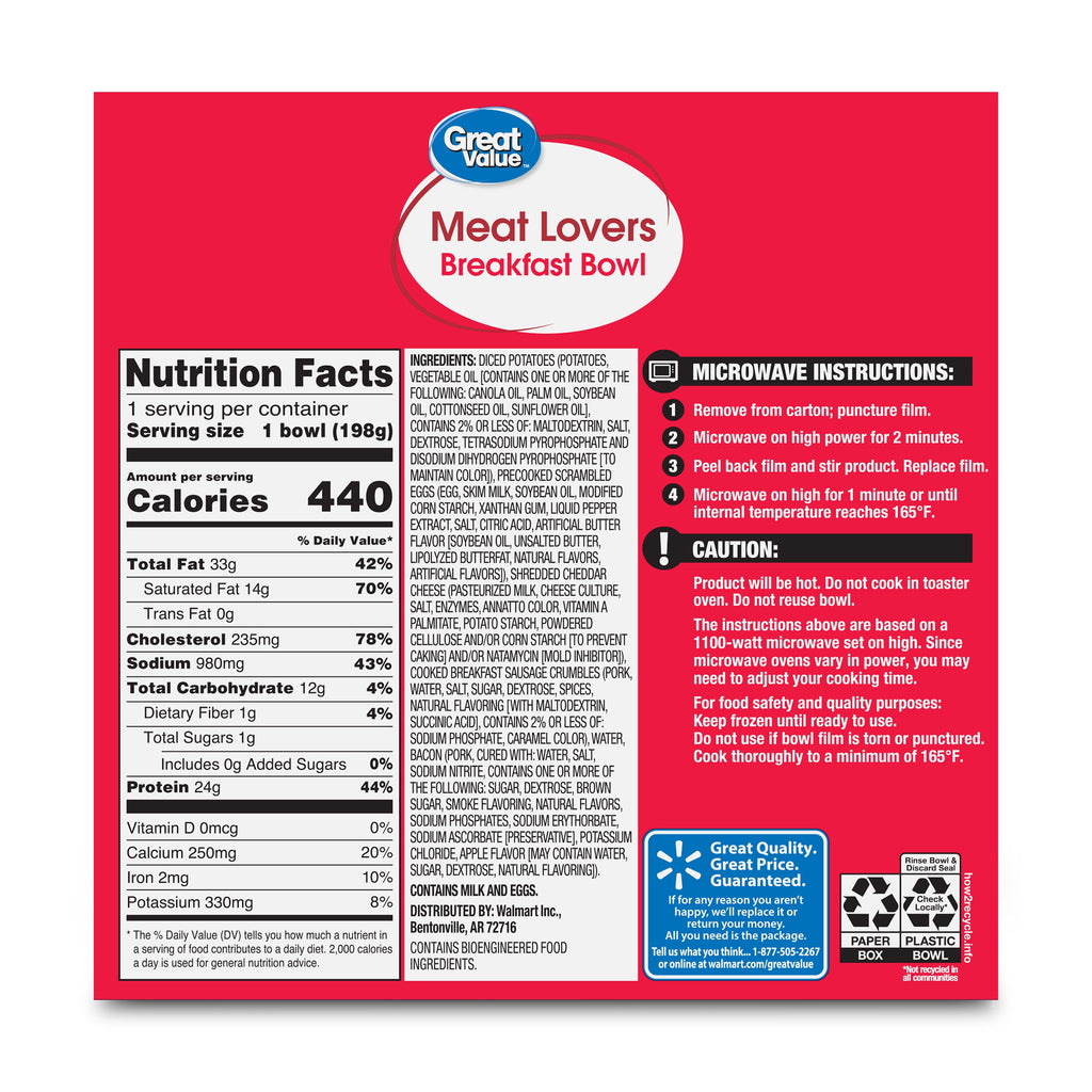 Great Value Meat Lovers Breakfast Bowl, 7 oz (Frozen)