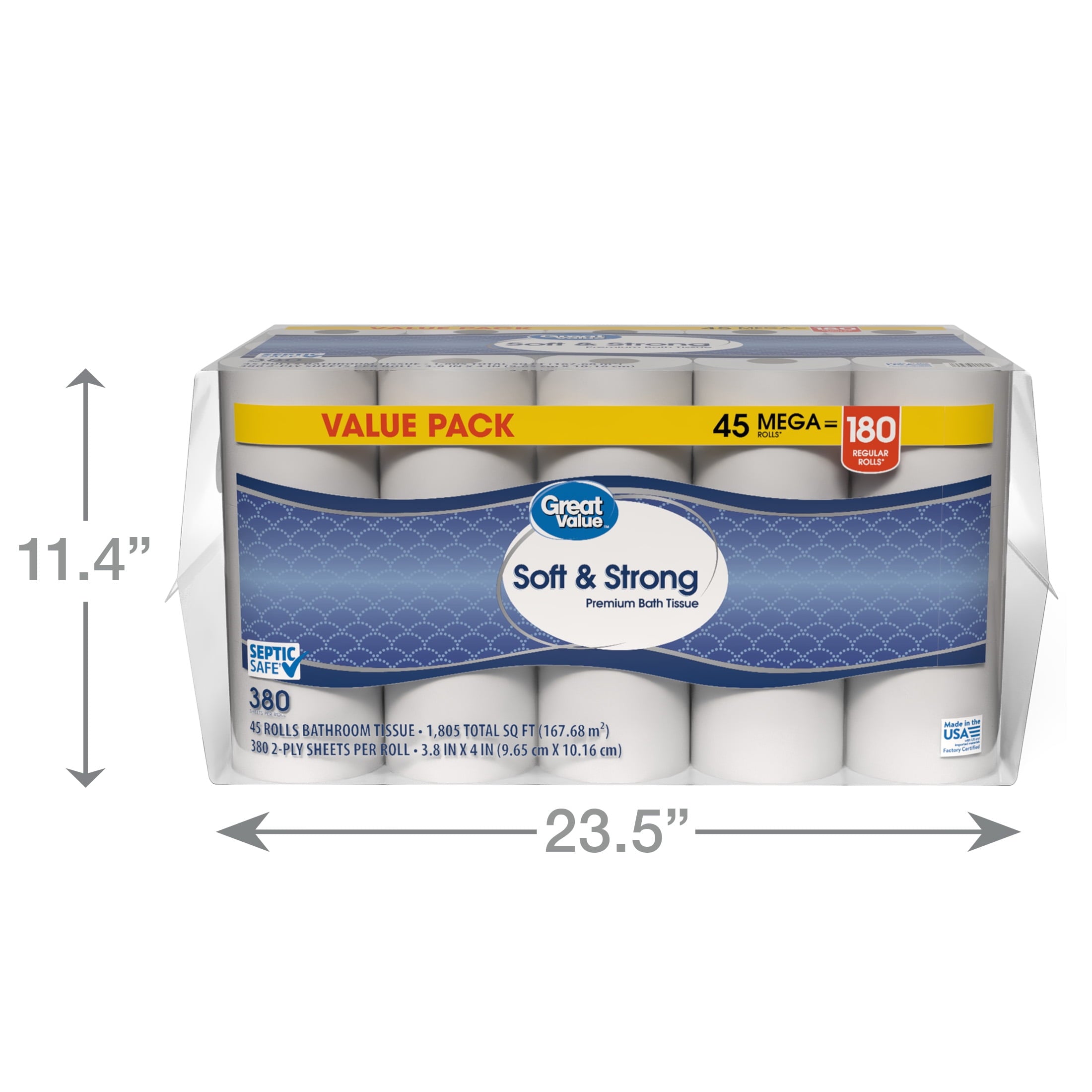 Great Value Soft & Strong Toilet Paper, 12 Mega Rolls, 380 Sheets per Roll
