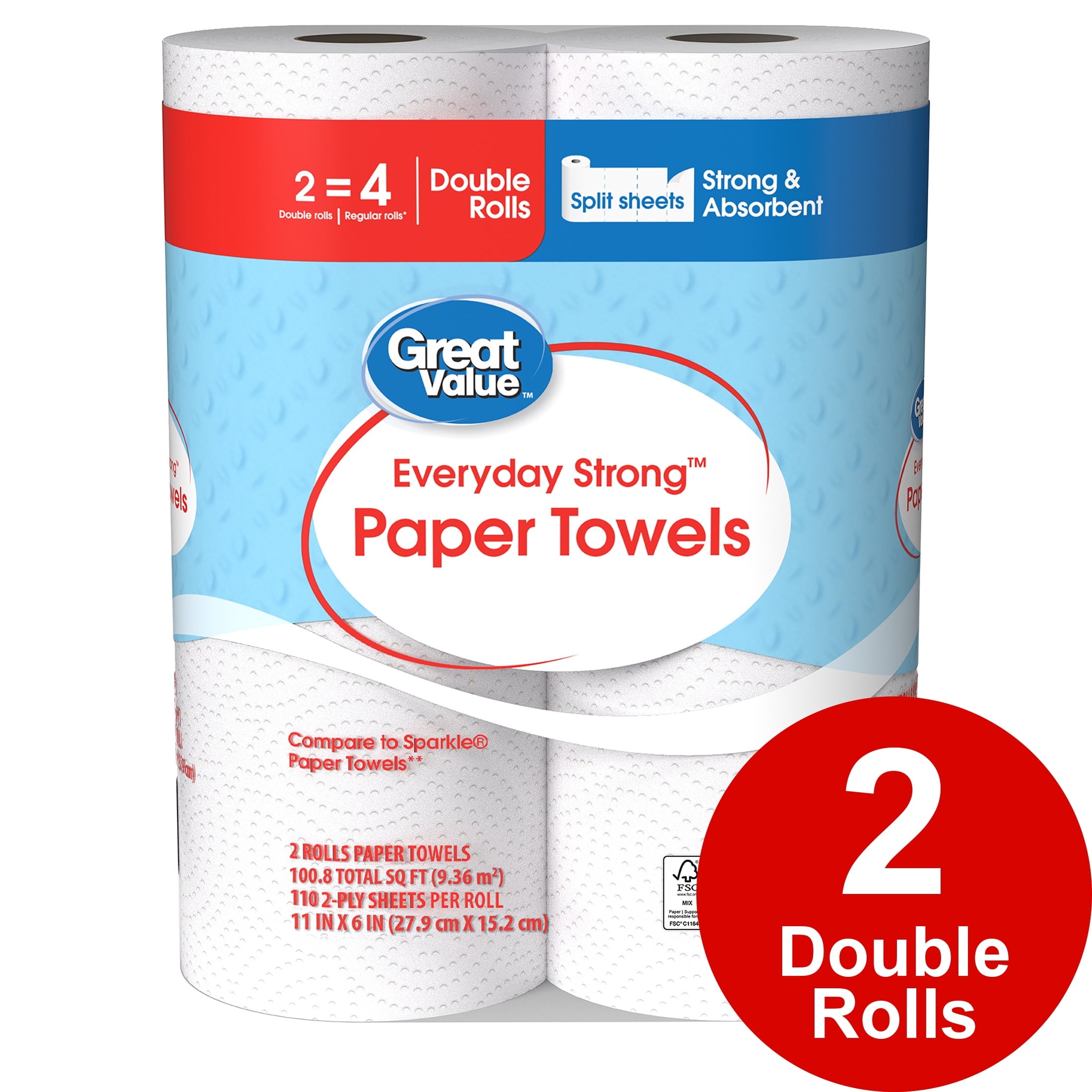 Great Value Everyday Strong Paper Towels, 2 Double Rolls