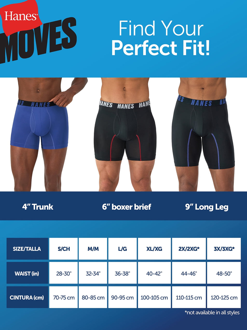 Hanes Moves Men's Anti-Chafe Trunk Underwear, X-Temp, 3-Pack, 4" Inseam