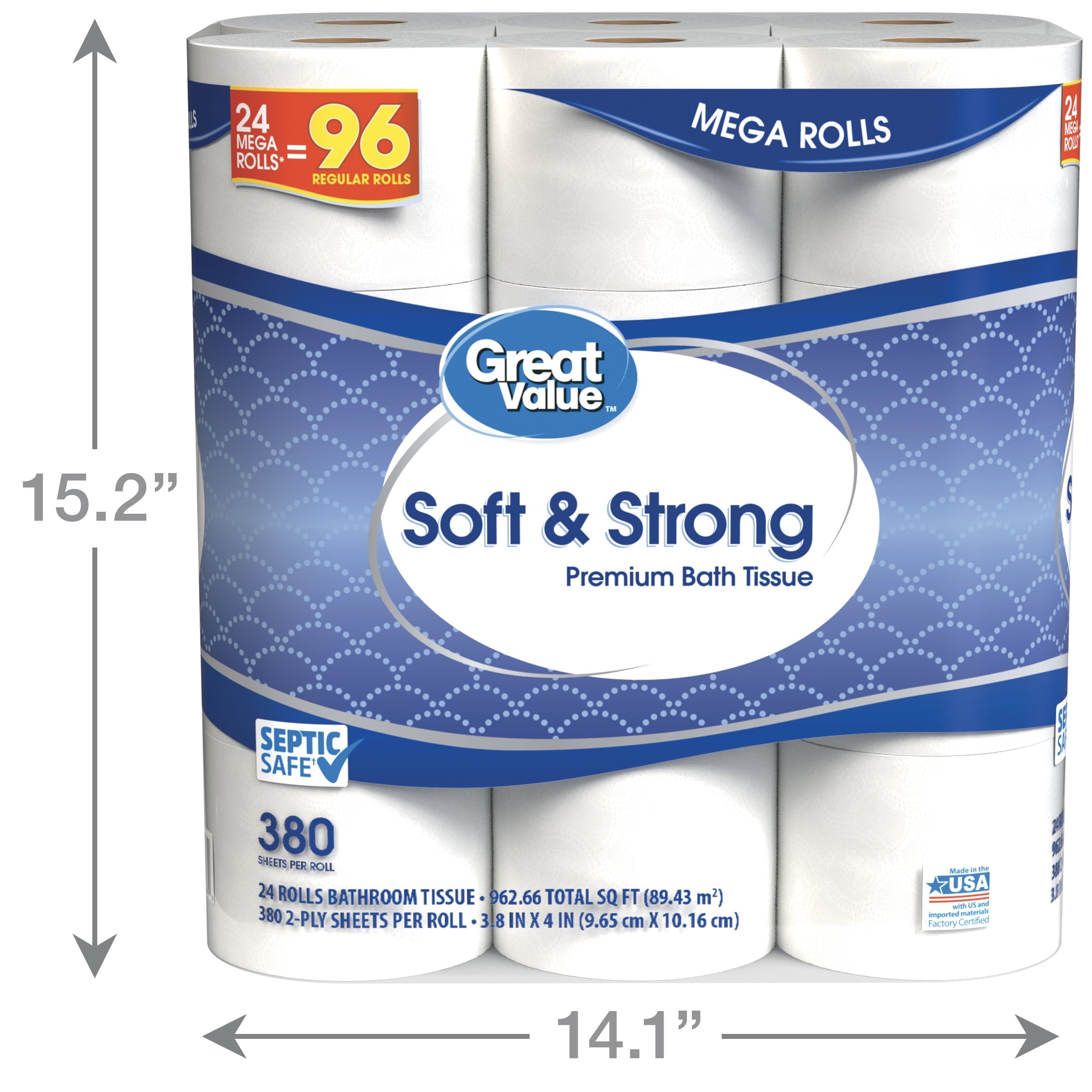 Great Value Soft & Strong Toilet Paper, 12 Mega Rolls, 380 Sheets per Roll