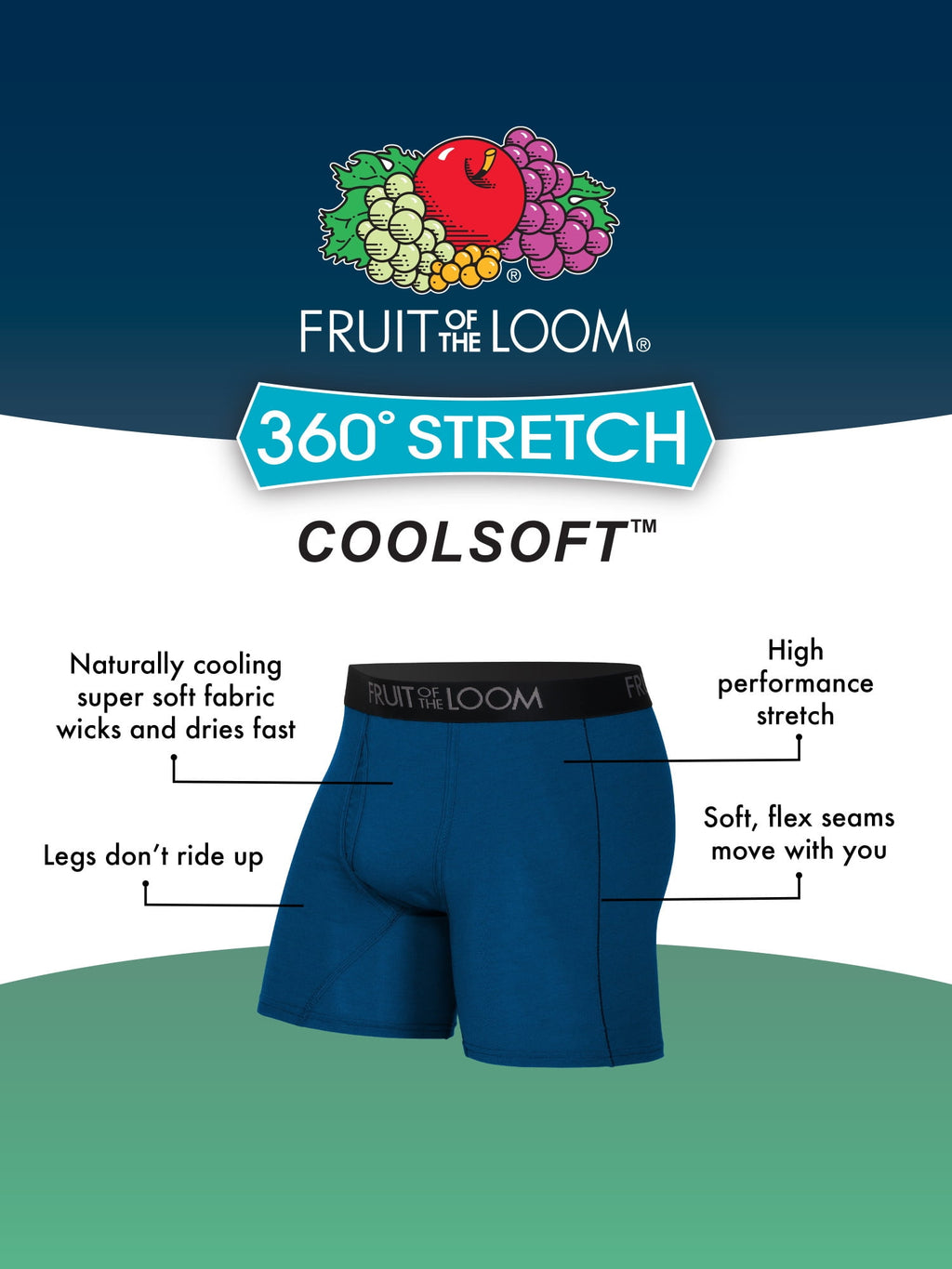 Fruit of the Loom Men's 360 Stretch Performance Cooling Channels Boxer Briefs, 6-Pack