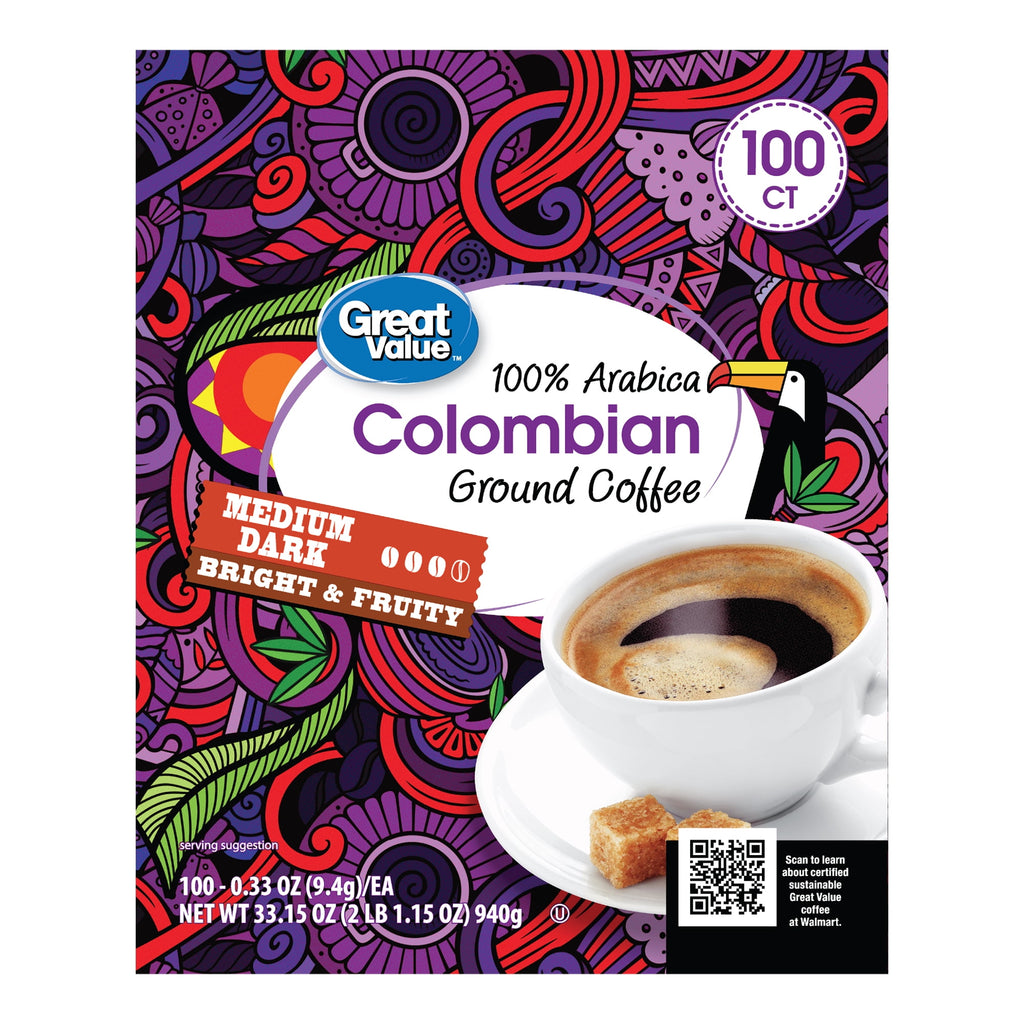 Great Value 100% Arabica Colombian Medium Dark Roast Ground Coffee Pods, 33.1 oz, 100 Count