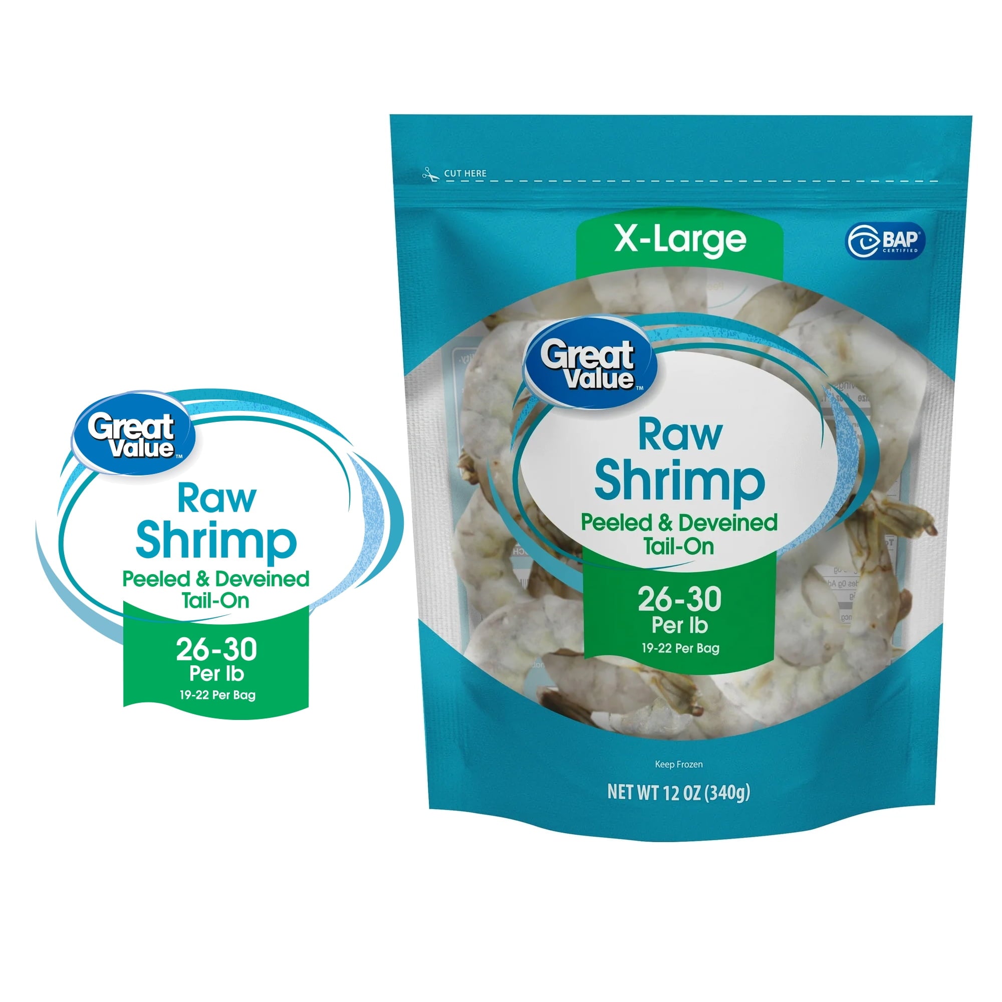 Great Value Frozen Peeled Tail on Extra Large Shrimp, 12 oz Bag (26-30 Count per lb)