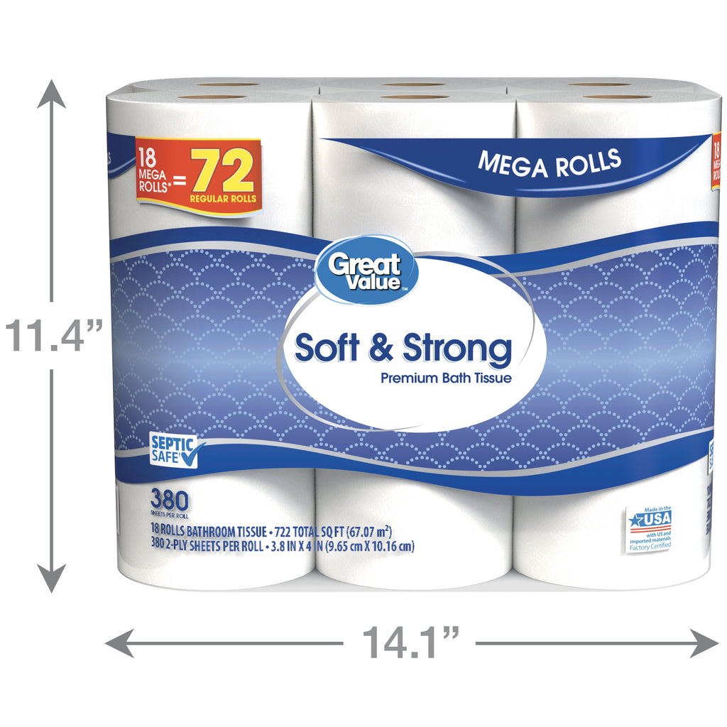 Great Value Soft & Strong Toilet Paper, 12 Mega Rolls, 380 Sheets per Roll