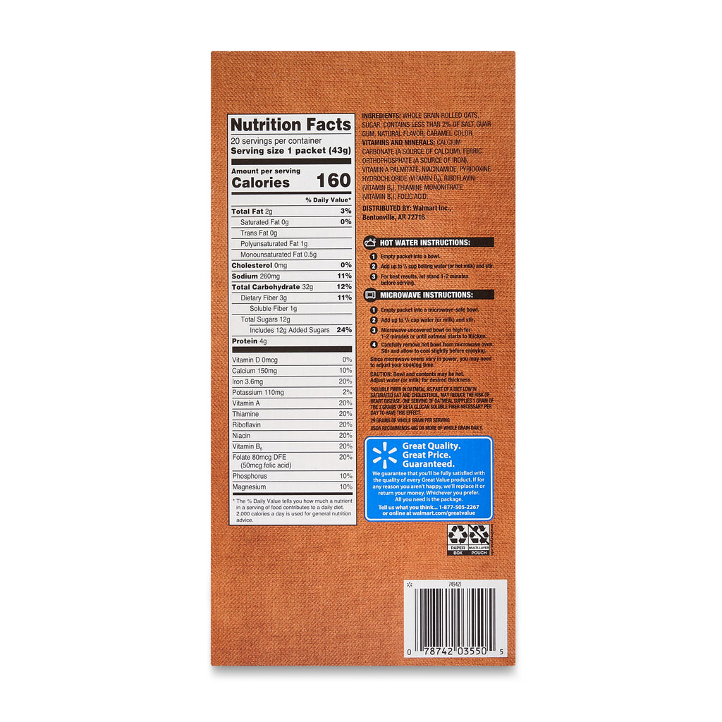 Great Value Maple & Brown Sugar Instant Oatmeal, 1.51 oz, 20 Count
