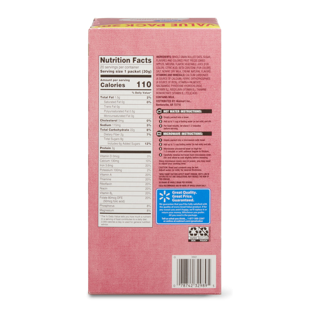 Great Value Strawberries & Cream Instant Oatmeal Value Pack, 1.05 oz, 20 Count