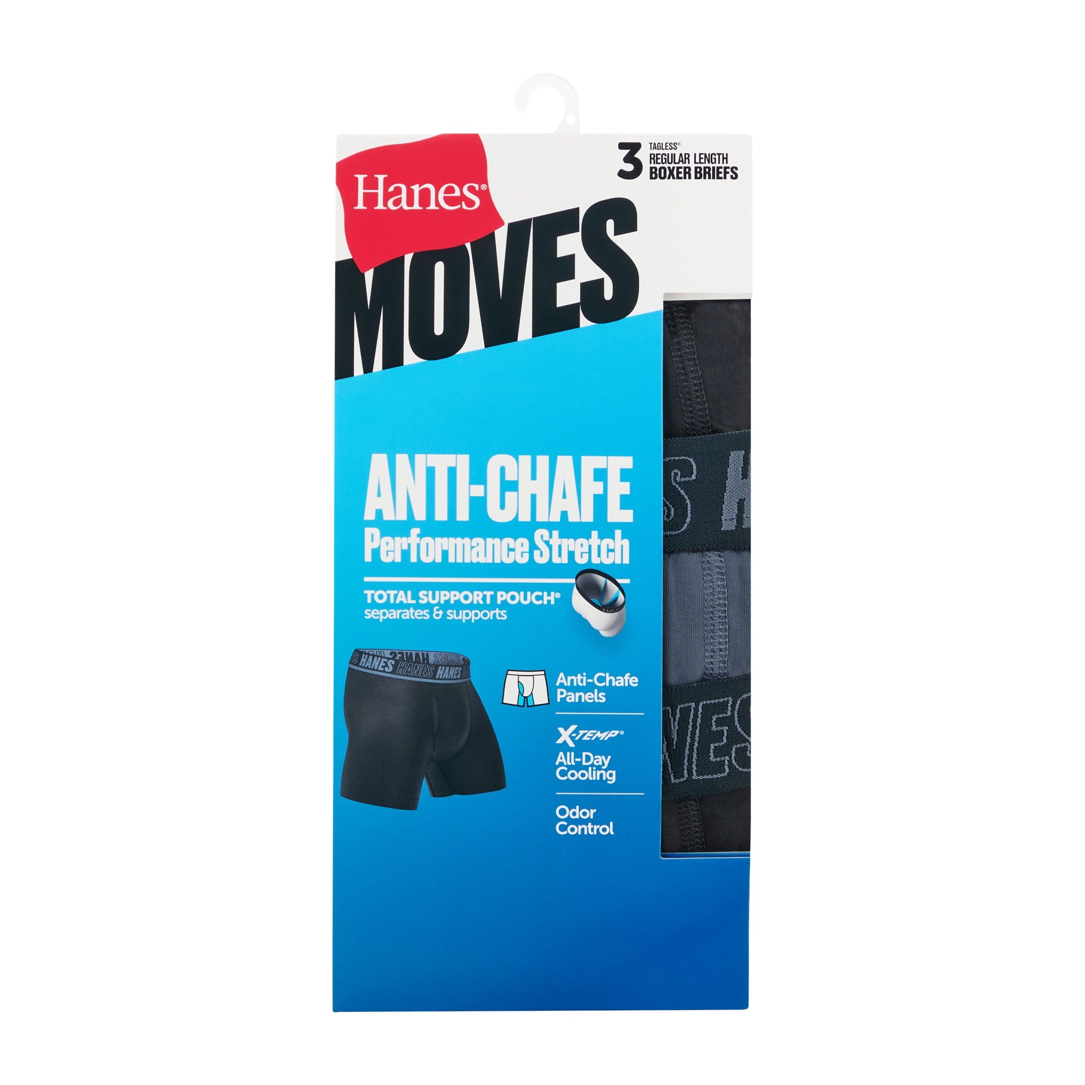Hanes Mens Underwear Long Leg Boxer Briefs, 3-Pack, Moves Anti-Chafe with Total Support Pouch