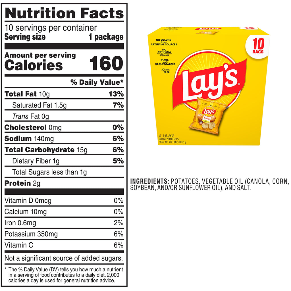 Lay's Classic Potato Snack Chips, 1 oz Bags, 10 Count Multipack