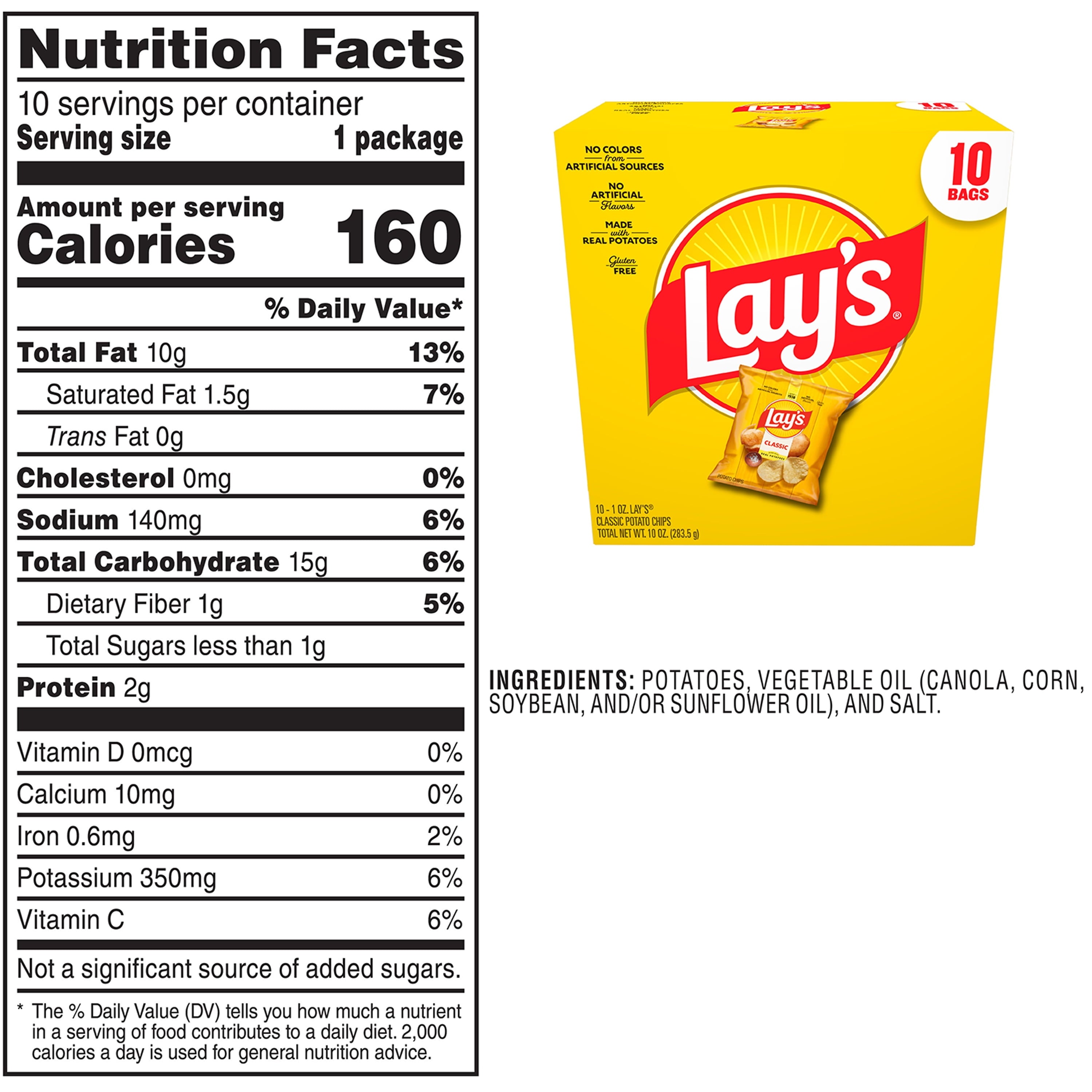 Lay's Classic Potato Snack Chips, 1 oz Bags, 10 Count Multipack