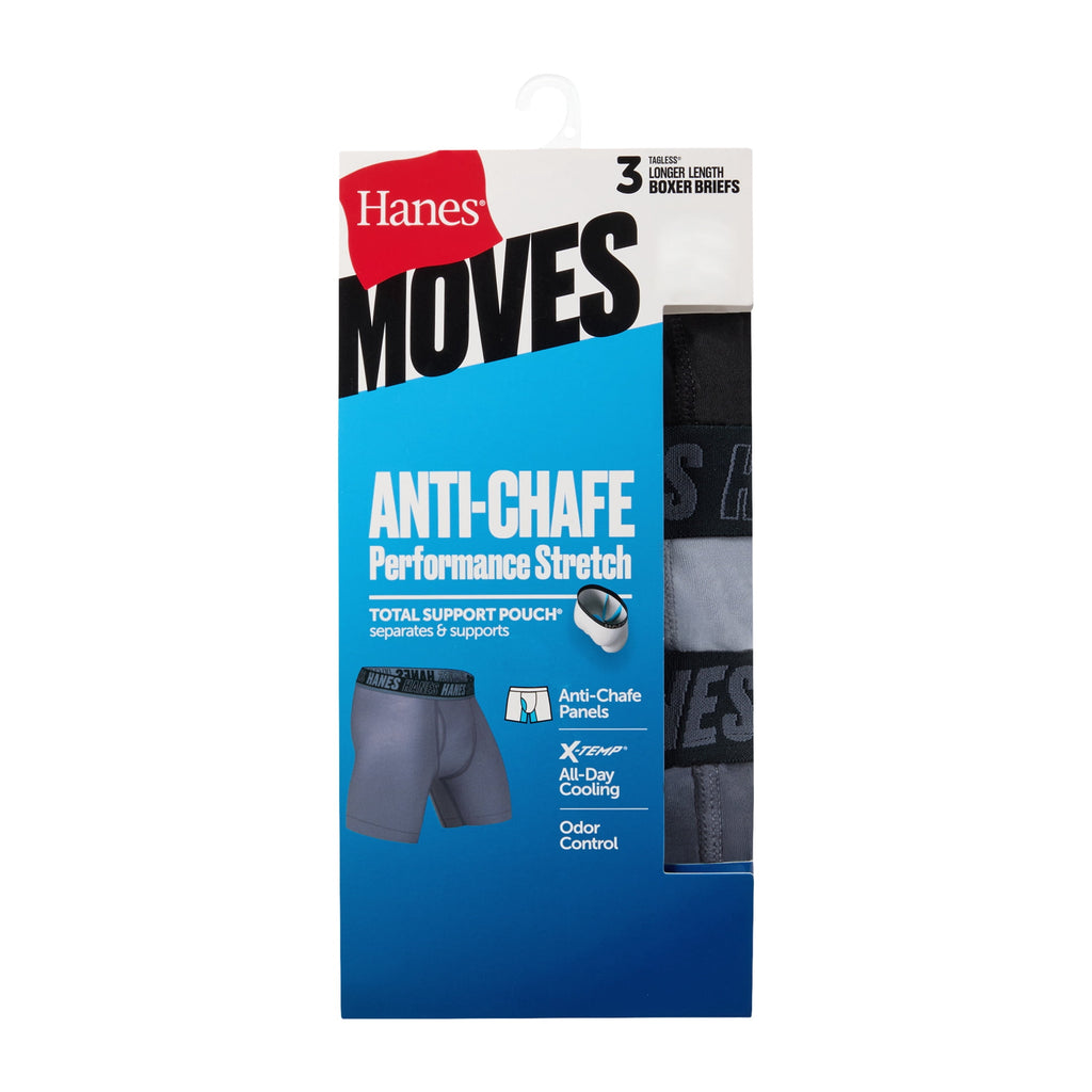 Hanes Mens Underwear Long Leg Boxer Briefs, 3-Pack, Moves Anti-Chafe with Total Support Pouch