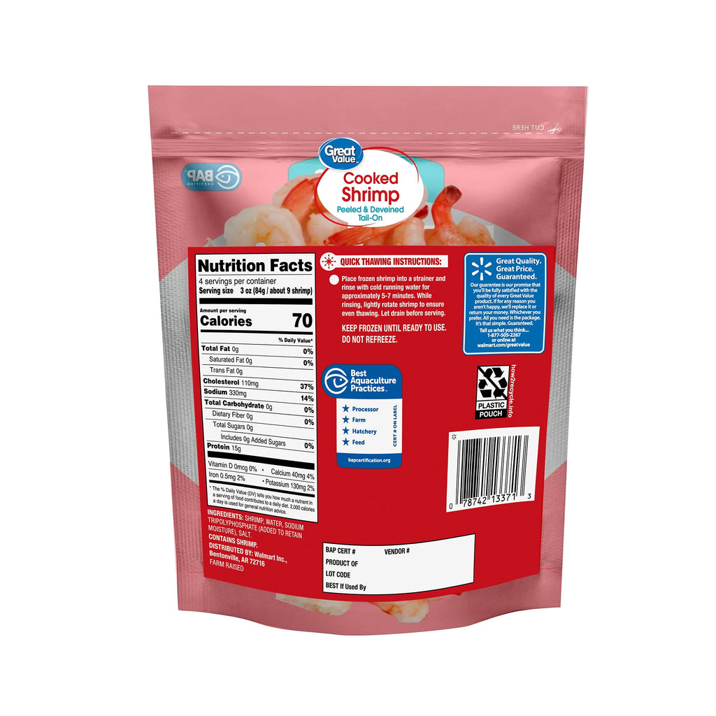 Great Value Frozen Cooked Medium Peeled & Deveined Tail-on Shrimp, 12 oz Bag (41-60 Count per lb)