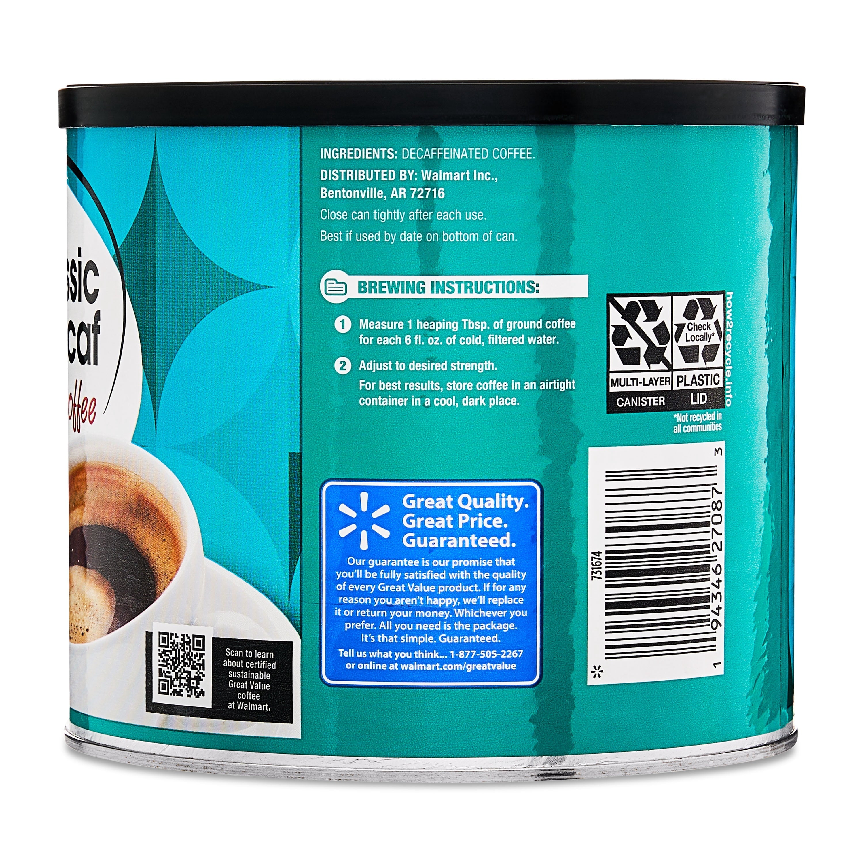 Great Value Decaf Classic Medium Roast Ground Coffee, 25.9 oz