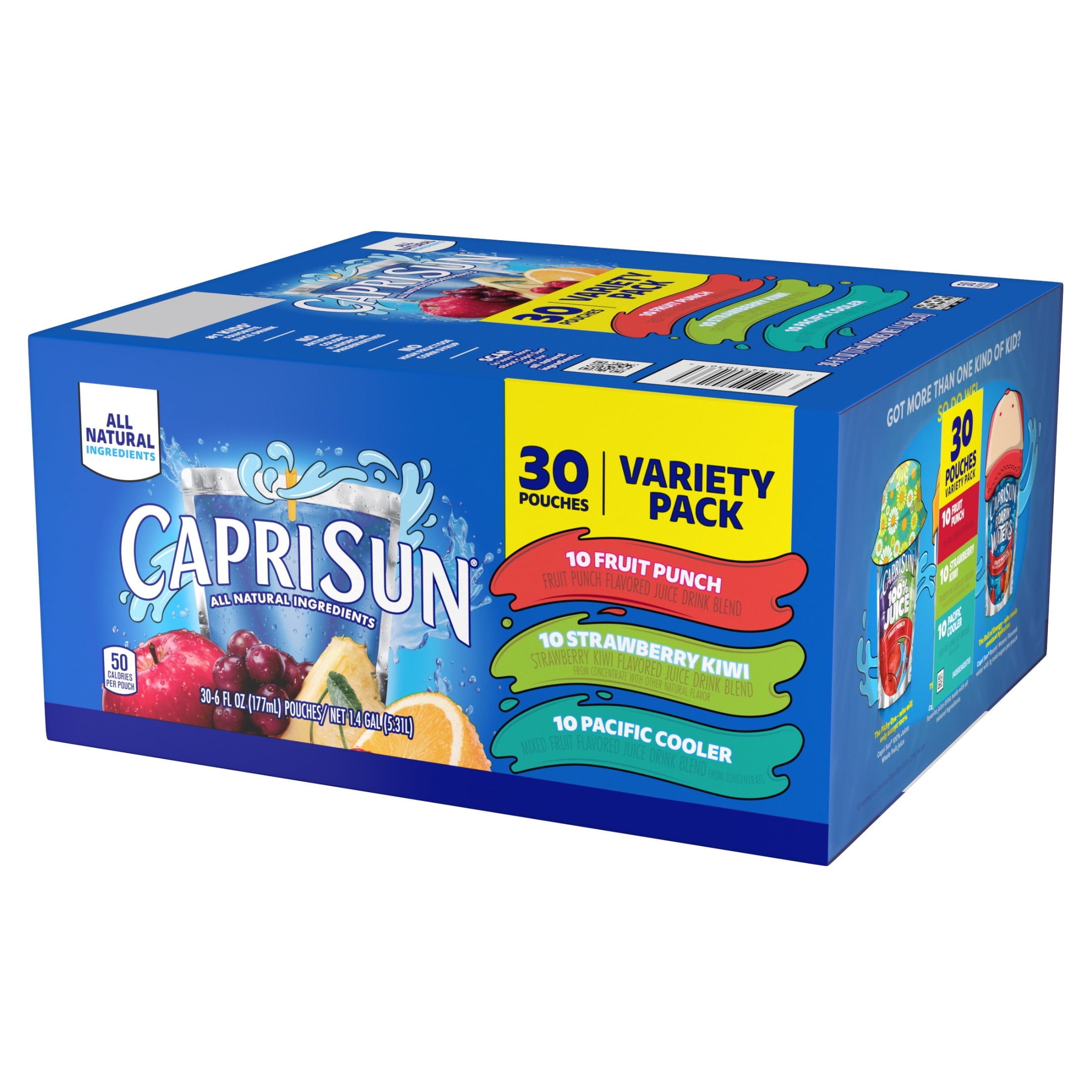 Capri Sun Flavored with Other Natural Flavor Juice Drink Blend, 30 Pouches, for School Lunches and On-the-Go Hydration, Fruit Punch, Strawberry Kiwi & Pacific Cooler, All Natural Ingredients, 6 fl oz