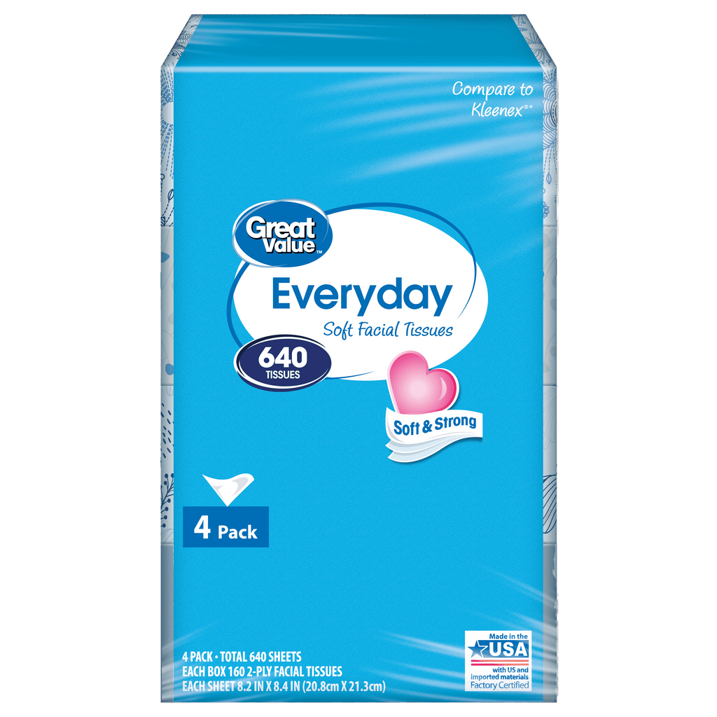 Great Value Everyday Soft Facial Tissues, 1 Flat Carton, 160 Tissues per Flat, 2-Ply, Compare to Kleenex®