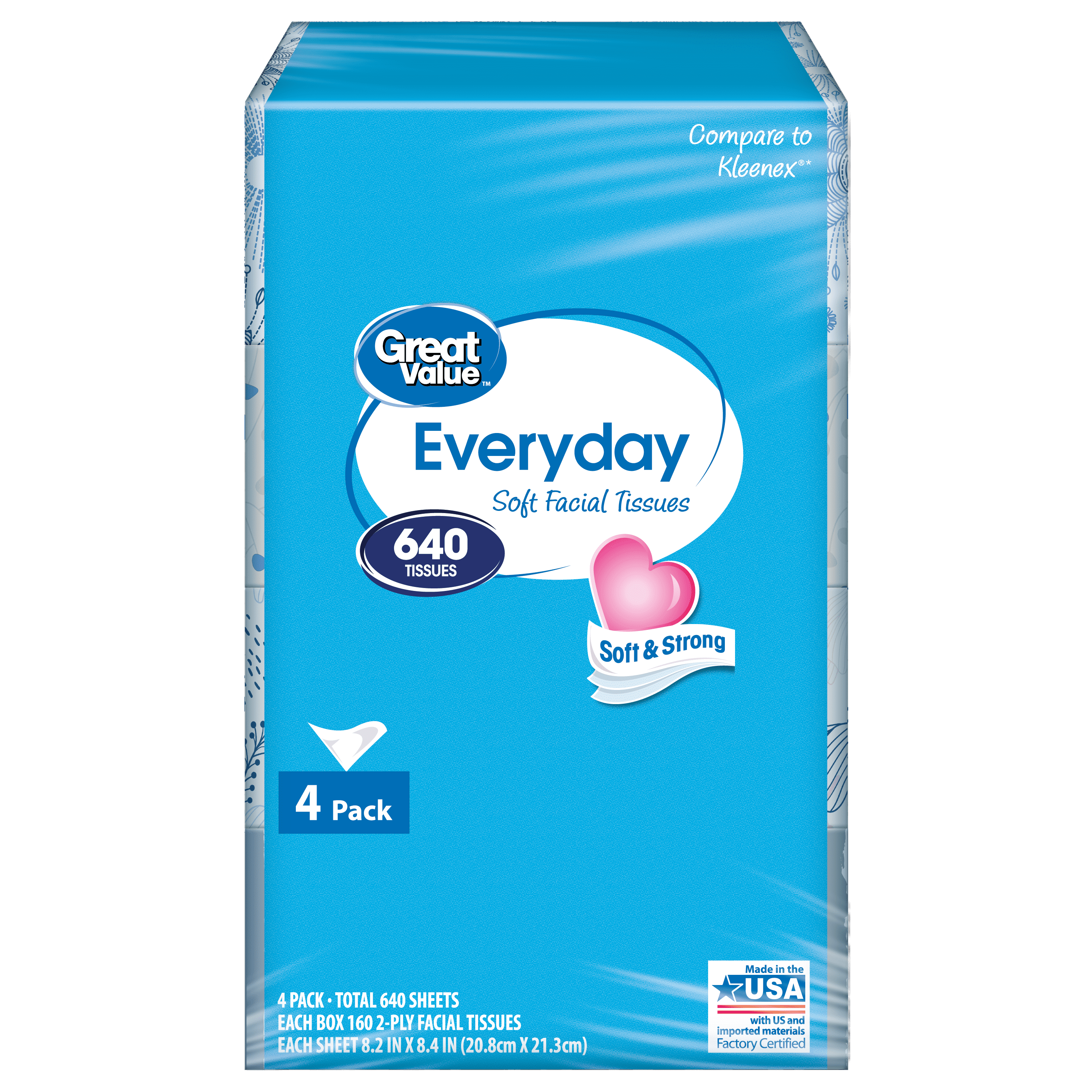 Great Value Everyday Soft Facial Tissues, 1 Flat Carton, 160 Tissues per Flat, 2-Ply, Compare to Kleenex®