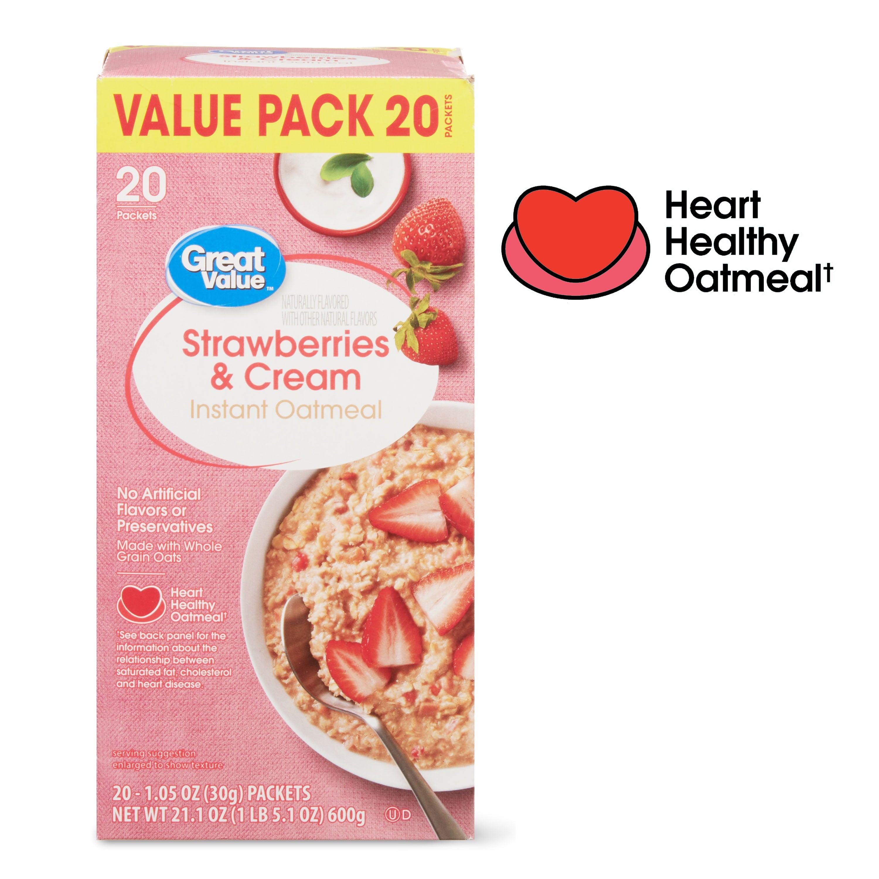 Great Value Strawberries & Cream Instant Oatmeal Value Pack, 1.05 oz, 20 Count
